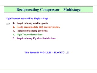 Reciprocating Compressor – Multistage
High Pressure required by Single – Stage :
 1. Requires heavy working parts.
2. Has to accommodate high pressure ratios.
3. Increased balancing problems.
4. High Torque fluctuations.
5. Requires heavy Flywheel installations.
This demands for MULTI – STAGING…!!
 