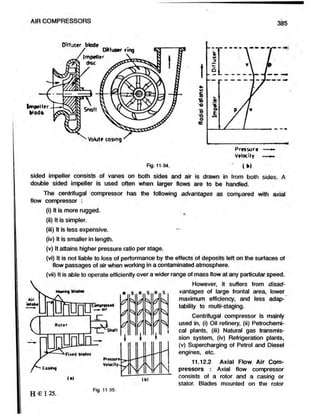AIR COMPRESSORS 385
Velocity i ».
Rg. 11-34. ( * )
sided Impeller consists of vanes on both sides and air is drawn in from both sides. A
double sided impeller is used often when larger flows are to be handled.
The centrifugal compressor has the following advantages as compared with axial
flow compressor :
(i) It is more rugged.
(ii) It is simpler.
(iii) It is less expensive.
(iv) It is smaller in length.
(v) It attains higher pressure ratio per stage.
(vi) It is not liable to loss of performance by the effects of deposits left on the surfaces of
flow passages of air when working in a contaminated atmosphere.
(vii) It is able to operate efficiently over a wider range of mass flow at any particular speed.
However, it suffers from disad-
vantages of large frontal area, lower
maximum efficiency, and less adap-
tability to multi-staging.
Centrifugal compressor is mainly
used in, (i) Oil refinery, (ii) Petrochemi-
cal plants, (iii) Natural gas transmis-
sion system, (iv) Refrigeration plants,
(v) Supercharging of Petrol and Diesel
engines, etc.
11.12.2 Axial Flow. Air Com-
pressors : Axial flow compressor
consists of a rotor and a casing or
stator. Blades mounted on the rotor
C
o
m
p
r
e
s
s
e
d
o
i
r
F
i
x
e
d
b
l
a
d
e
s
C
a
s
i
o
?
T ShoM
Pressur
V
e
l
o
c
i
t
y
ft s R s R s
*5 <7
1 1
(•)
B »
E125.
Fig. 11 35.
 