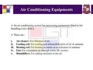 Air Conditioning Equipments
 An air conditioning system has processing equipments fitted in Air
Handling Unit (AHU).
 These are :
i. Air cleaner: For filtration of air.
ii. Cooling coil: For cooling and dehumidification of air in summer.
iii. Heating coil: For heating in winter or as reheaters in summer.
iv. Fan: For circulation air through entire AC system.
v. Humidifiers: For adding moisture to the air.
 
