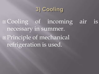 3) CoolingCooling of incoming air is necessary in summer.Principle of mechanical refrigeration is used.
