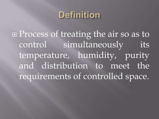 DefinitionProcess of treating the air so as to control simultaneously its temperature, humidity, purity and distribution to meet the requirements of controlled space.