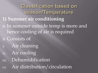 Classification based on season/Temperature1) Summer air conditioning In summer outside temp is more and hence cooling of air is requiredConsists of Air cleaningAir coolingDehumidificationAir distribution/circulation