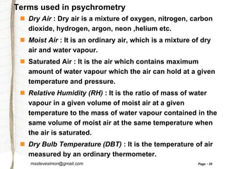 Terms used in psychrometry
 Dry Air : Dry air is a mixture of oxygen, nitrogen, carbon
dioxide, hydrogen, argon, neon ,helium etc.
 Moist Air : It is an ordinary air, which is a mixture of dry
air and water vapour.
 Saturated Air : It is the air which contains maximum
amount of water vapour which the air can hold at a given
temperature and pressure.
 Relative Humidity (RH) : It is the ratio of mass of water
vapour in a given volume of moist air at a given
temperature to the mass of water vapour contained in the
same volume of moist air at the same temperature when
the air is saturated.
 Dry Bulb Temperature (DBT) : It is the temperature of air
measured by an ordinary thermometer.
msstevesimon@gmail.com

Page

25

 