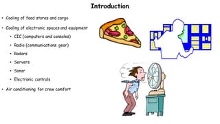 Introduction
• Cooling of food stores and cargo
• Cooling of electronic spaces and equipment
• CIC (computers and consoles)
• Radio (communications gear)
• Radars
• Servers
• Sonar
• Electronic controls
• Air conditioning for crew comfort
 