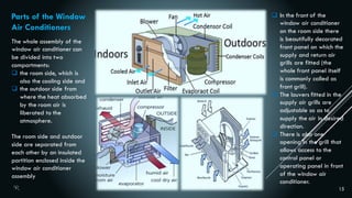 15
The whole assembly of the
window air conditioner can
be divided into two
compartments:
 the room side, which is
also the cooling side and
 the outdoor side from
where the heat absorbed
by the room air is
liberated to the
atmosphere.
The room side and outdoor
side are separated from
each other by an insulated
partition enclosed inside the
window air conditioner
assembly
 In the front of the
window air conditioner
on the room side there
is beautifully decorated
front panel on which the
supply and return air
grills are fitted (the
whole front panel itself
is commonly called as
front grill).
 The louvers fitted in the
supply air grills are
adjustable so as to
supply the air in desired
direction.
 There is also one
opening in the grill that
allows access to the
control panel or
operating panel in front
of the window air
conditioner.
Parts of the Window
Air Conditioners
 