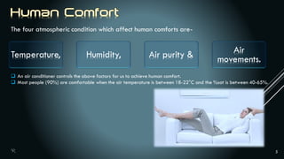 5
The four atmospheric condition which affect human comforts are-
Temperature, Humidity, Air purity & Air
movements.
 An air conditioner controls the above factors for us to achieve human comfort.
 Most people (90%) are comfortable when the air temperature is between 18-22°C and the %sat is between 40-65%.
 