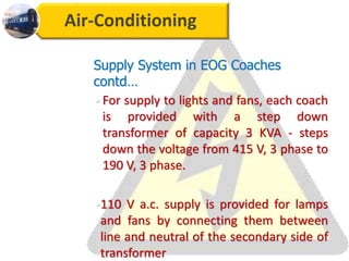 Air-Conditioning
Supply System in EOG Coaches
contd…
• For supply to lights and fans, each coach
is provided with a step down
transformer of capacity 3 KVA - steps
down the voltage from 415 V, 3 phase to
190 V, 3 phase.
•110 V a.c. supply is provided for lamps
and fans by connecting them between
line and neutral of the secondary side of
transformer
 