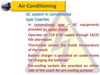Air-Conditioning
• In conventional type – AC equipments
provided on under-frame
• Operates on 110 V DC supply through 18/25
KW alternators
• Thermostat senses the inside temperature
of the coach
• Battery charger is provided on under-frame
for charging the batteries
• Pre-cooling sockets are provided on either
side of the coach for pre-cooling purpose
AC system in conventional
type Coaches
 