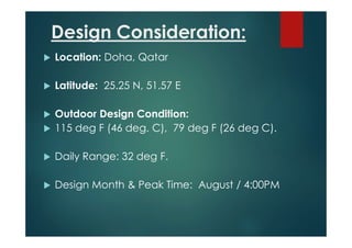 Design Consideration:
 Location: Doha, Qatar
 Latitude: 25.25 N, 51.57 E
 Outdoor Design Condition:
 115 deg F (46 deg. C), 79 deg F (26 deg C).
 Daily Range: 32 deg F.
 Design Month & Peak Time: August / 4:00PM
 