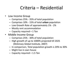 Criteria – Residential
• Low Income Group
   –   Comprises 25% - 35% of total population
   –   Comprises 10% - 15% of total urban population
   –   Low Growth Rate of approximately 1% - 2%
   –   Mostly rent accommodation
   –   Capacity required = 1 Ton
• Middle Income Group
   – Comprises 25% - 30% of total population
   – High growth of up-to 1000% projected till 2025
       (Mckinsey Global Institute, 2007)
   – In comparison, Total population growth is 20% to 30%
   – Might live in own house
   – Capacity required = 1.5 Ton
 