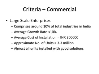 Criteria – Commercial
• Large Scale Enterprises
  – Comprises around 10% of total industries in India
  – Average Growth Rate <10%
  – Average Cost of Installation = INR 300000
  – Approximate No. of Units = 3.3 million
  – Almost all units installed with good solutions
 