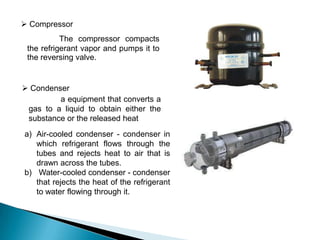  Compressor
The compressor compacts
the refrigerant vapor and pumps it to
the reversing valve.

 Condenser
a equipment that converts a
gas to a liquid to obtain either the
substance or the released heat
a) Air-cooled condenser - condenser in
which refrigerant flows through the
tubes and rejects heat to air that is
drawn across the tubes.
b) Water-cooled condenser - condenser
that rejects the heat of the refrigerant
to water flowing through it.

 