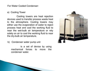 For Water Cooled Condenser:
a) Cooling Tower

Cooling towers are heat rejection
devices used to transfer process waste heat
to the atmosphere. Cooling towers may
either use the evaporation of water to reject
process heat and cool the working fluid to
near the wet-bulb air temperature or rely
solely on air to cool the working fluid to near
the dry-bulb air temperature.
b) Condenser water pump unit

is a set of device by using
mechanical forces to move the
condenser water.

 