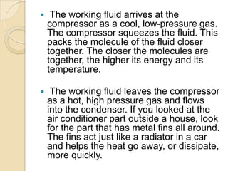  The working fluid arrives at the
compressor as a cool, low-pressure gas.
The compressor squeezes the fluid. This
packs the molecule of the fluid closer
together. The closer the molecules are
together, the higher its energy and its
temperature.
 The working fluid leaves the compressor
as a hot, high pressure gas and flows
into the condenser. If you looked at the
air conditioner part outside a house, look
for the part that has metal fins all around.
The fins act just like a radiator in a car
and helps the heat go away, or dissipate,
more quickly.
 