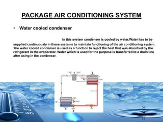 PACKAGE AIR CONDITIONING SYSTEM
• Water cooled condenser
In this system condenser is cooled by water.Water has to be
supplied continuously in these systems to maintain functioning of the air conditioning system.
The water cooled condenser is used as a function to reject the heat that was absorbed by the
refrigerant in the evaporator. Water which is used for the purpose is transferred to a drain line
after using in the condenser.
 