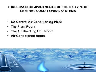 THREE MAIN COMPARTMENTS OF THE DX TYPE OF
CENTRAL CONDITIONING SYSTEMS
• DX Central Air Conditioning Plant
• The Plant Room
• The Air Handling Unit Room
• Air Conditioned Room
 
