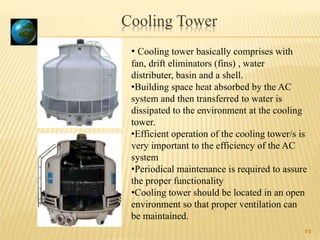 15
Cooling Tower
• Cooling tower basically comprises with
fan, drift eliminators (fins) , water
distributer, basin and a shell.
•Building space heat absorbed by the AC
system and then transferred to water is
dissipated to the environment at the cooling
tower.
•Efficient operation of the cooling tower/s is
very important to the efficiency of the AC
system
•Periodical maintenance is required to assure
the proper functionality
•Cooling tower should be located in an open
environment so that proper ventilation can
be maintained.
 