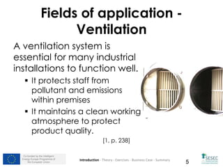 Co-funded by the Intelligent
Energy Europe Programme of
the European Union 5
Fields of application -
Ventilation
A ventilation system is
essential for many industrial
installations to function well.
 It protects staff from
pollutant and emissions
within premises
 It maintains a clean working
atmosphere to protect
product quality.
[1, p. 238]
Introduction - Theory - Exercises - Business Case - Summary
 