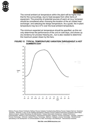 The normal ambient air temperature within the plant will be higher than
that for the surroundings, due to heat escapes from other items of
equipment. The proximity of potential sources of warm air (e.g. furnaces)
should be considered when choosing the location of the air cooled heat
exchanger, and selecting the design temperature. As a guide, the in-plant
temperature may be 2-3°C over the local ambient temperature.
The minimum expected air temperature should be specified, as this not
only determines the performance of the unit on cold days, and shows up
any tendency for process freezing etc., but is also needed to determine
the maximum power drawn by the fans.
FIGURE 15 TYPICAL TEMPERATURE VARIATION THROUGHOUT A HOT
SUMMER'S DAY

Refinery Process Stream Purification Refinery Process Catalysts Troubleshooting Refinery Process Catalyst Start-Up / Shutdown
Activation Reduction In-situ Ex-situ Sulfiding Specializing in Refinery Process Catalyst Performance Evaluation Heat & Mass
Balance Analysis Catalyst Remaining Life Determination Catalyst Deactivation Assessment Catalyst Performance
Characterization Refining & Gas Processing & Petrochemical Industries Catalysts / Process Technology - Hydrogen Catalysts /
Process Technology – Ammonia Catalyst Process Technology - Methanol Catalysts / process Technology – Petrochemicals
Specializing in the Development & Commercialization of New Technology in the Refining & Petrochemical Industries
Web Site: www.GBHEnterprises.com

 