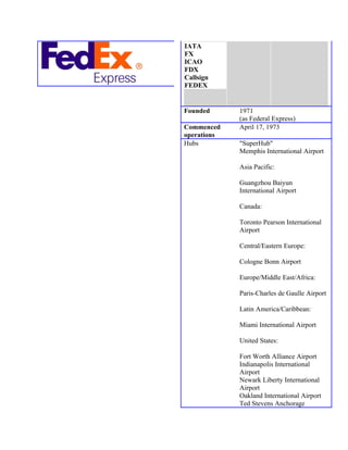 IATA
FX
ICAO
FDX
Callsign
FEDEX


Founded      1971
             (as Federal Express)
Commenced    April 17, 1973
operations
Hubs         "SuperHub"
             Memphis International Airport

             Asia Pacific:

             Guangzhou Baiyun
             International Airport

             Canada:

             Toronto Pearson International
             Airport

             Central/Eastern Europe:

             Cologne Bonn Airport

             Europe/Middle East/Africa:

             Paris-Charles de Gaulle Airport

             Latin America/Caribbean:

             Miami International Airport

             United States:

             Fort Worth Alliance Airport
             Indianapolis International
             Airport
             Newark Liberty International
             Airport
             Oakland International Airport
             Ted Stevens Anchorage
 