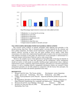Journal of Management Research and Development (JMRD), ISSN 2248 – 937X (Print) ISSN 2248 – 9390(Online),
Volume 1, Number 1, January - December (2011)




                Fig.6 Percentage improvement in various non-value added activities

       1.       % Reduction in set-up time for servicing
       2.       % Reduction in cycle time
       3.       % Reduction in man power
       4.       % Reduction in maintenance cost
       5.       % Reduction in WIP
       6.       % Reduction in shop floor area
       7.       % Improvement in number of aircrafts serviced

VII. CONCLUDING REMARKS WITH MANAGERIAL IMPLICATIONS
   This research carries evidence of genuine advantages when applying lean principles to the
aircraft-servicing shop floor. Due to increased quality, servicing expected by the customer and
fierce global competition, the Indian aircraft maintenance organizations are desperately trying to
improve effective servicing at lower cost and retain excellent service quality. Under these
circumstances, the authors have implemented lean philosophy to improve the servicing environment
with moderate investment. In this paper, the effectiveness of lean principles is demonstrated in a
systematic manner with the help of lean tool, such as value stream maps.
    However, the complete success of the application of lean philosophy in the long run depends on
close cooperation between the shop floor personnel and the management. Senior management
should use metrics to hold people accountable. Instilling proper organizational values, employee
empowerment systems, continuous improvement programs, and setting up a consistent organization
structure, as well as installing effective management information systems are essential. If these
management principles are not fully adopted in conjunction with the factory floor principles, the
lean system will not achieve the benefits quantified in this study.

REFERENCES
1. Morgan J and J.K. Liker. ‘The Toyota product      Development system: Integrating
   people, process and Technology, New York.         Productivity press 2006.
2. T.Ohno, Toyota production system, Beyond largescale production, productivity press1988
   pp.2529
3. M. Poppendieck, Principles of LEAN Thinking, Onward-17th Annual ACM Conference on
   Object-Oriented Programming, Sys. Languages and Applications, Washington 2002.
4. Womack J.P and D.T. ‘Lean Thinking’, Simon and            Schuster (   1996)
5. Womack J.P, Jones DT, Roos D (1990)         The machine that     changed the world,
   Machmillan, New York.


                                                   40
 