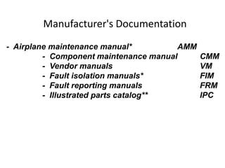 Manufacturer's Documentation
- Airplane maintenance manual*
AMM
- Component maintenance manual
- Vendor manuals
- Fault isolation manuals*
- Fault reporting manuals
- Illustrated parts catalog**

CMM
VM
FIM
FRM
IPC

 