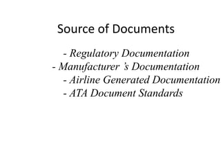 Source of Documents
- Regulatory Documentation
- Manufacturer ’s Documentation
- Airline Generated Documentation
- ATA Document Standards

 