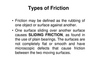 Types of Friction
• Friction may be defined as the rubbing of
one object or surface against another.
• One surface sliding over another surface
causes SLIDING FRICTION, as found in
the use of plain bearings. The surfaces are
not completely flat or smooth and have
microscopic defects that cause friction
between the two moving surfaces.
 