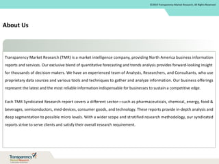 ©2019 Transparency Market Research, All Rights Reserved
Transparency Market Research (TMR) is a market intelligence company, providing North America business information
reports and services. Our exclusive blend of quantitative forecasting and trends analysis provides forward-looking insight
for thousands of decision-makers. We have an experienced team of Analysts, Researchers, and Consultants, who use
proprietary data sources and various tools and techniques to gather and analyze information. Our business offerings
represent the latest and the most reliable information indispensable for businesses to sustain a competitive edge.
Each TMR Syndicated Research report covers a different sector—such as pharmaceuticals, chemical, energy, food &
beverages, semiconductors, med-devices, consumer goods, and technology. These reports provide in-depth analysis and
deep segmentation to possible micro levels. With a wider scope and stratified research methodology, our syndicated
reports strive to serve clients and satisfy their overall research requirement.
About Us
 
