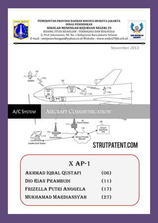 PEMERINTAH PROVINSI DAERAH KHUSUS IBUKOTA JAKARTA
DINAS PENDIDIKAN

SEKOLAH MENENGAH KEJURUAN NEGERI 29

BIDANG STUDI KEAHLIAN : TEKNOLOGI DAN REKAYASA
Jl. Prof. Jokosutono, SH. No. 1 Kebayoran Baru Jakarta Selatan

E-mail : smtpenerbangan@yahoo.co.id Website : www.smkn29jkt.sch.id

November 2013

A/C SYSTEM

AIRCRAFT COMMUNICATION

X ap-1
Akhmad iqbal qustafi

(06)

Dio rian prambudi

(11)

Frizella Putri Anggela

(17)

mukhamad mardiansyah

(27)

1

 