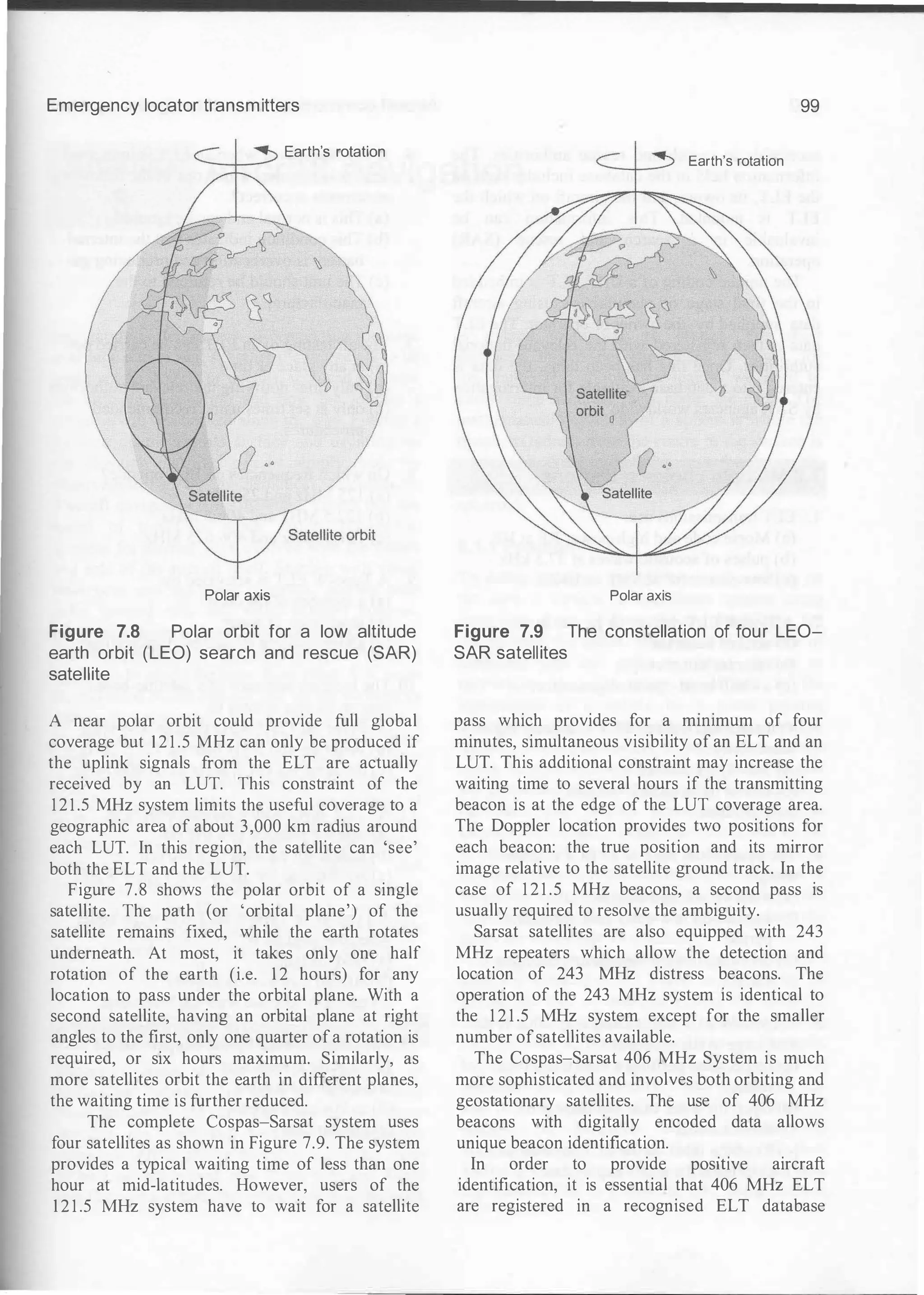 Emergency locator transmitters
Earth's rotation
Polar axis
Figure 7.8 Polar orbit for a low altitude
earth orbit (LEO) search and rescue (SAR)
satellite
A near polar orbit could provide full global
coverage but 1 2 1 .5 MHz can only be produced if
the uplink signals from the ELT are actually
received by an LUT. This constraint of the
121.5 MHz system limits the useful coverage to a
geographic area of about 3,000 km radius around
each LUT. In this region, the satellite can 'see'
both the ELT and the LUT.
Figure 7.8 shows the polar orbit of a single
satellite. The path (or 'orbital plane') of the
satellite remains fixed, while the earth rotates
underneath. At most, it takes only one half
rotation of the earth (i.e. 1 2 hours) for any
location to pass under the orbital plane. With a
second satellite, having an orbital plane at right
angles to the first, only one quarter ofa rotation is
required, or six hours maximum. Similarly, as
more satellites orbit the earth in different planes,
the waiting time is further reduced.
The complete Cospas-Sarsat system uses
four satellites as shown in Figure 7.9. The system
provides a typical waiting time of less than one
hour at mid-latitudes. However, users of the
1 2 1 .5 MHz system have to wait for a satellite
99
Earth's rotation
Polar axis
Figure 7.9 The constellation of four LEO­
SAR satellites
pass which provides for a m1rumum of four
minutes, simultaneous visibility of an ELT and an
LUT. This additional constraint may increase the
waiting time to several hours if the transmitting
beacon is at the edge of the LUT coverage area.
The Doppler location provides two positions for
each beacon: the true position and its mirror
image relative to the satellite ground track. In the
case of 1 2 1 .5 MHz beacons, a second pass is
usually required to resolve the ambiguity.
Sarsat satellites are also equipped with 243
MHz repeaters which allow the detection and
location of 243 MHz distress beacons. The
operation of the 243 MHz system is identical to
the 1 2 1 .5 MHz system except for the smaller
number ofsatellites available.
The Cospas-Sarsat 406 MHz System is much
more sophisticated and involves both orbiting and
geostationary satellites. The use of 406 MHz
beacons with digitally encoded data allows
unique beacon identification.
In order to provide positive aircraft
identification, it is essential that 406 MHz ELT
are registered in a recognised ELT database
 