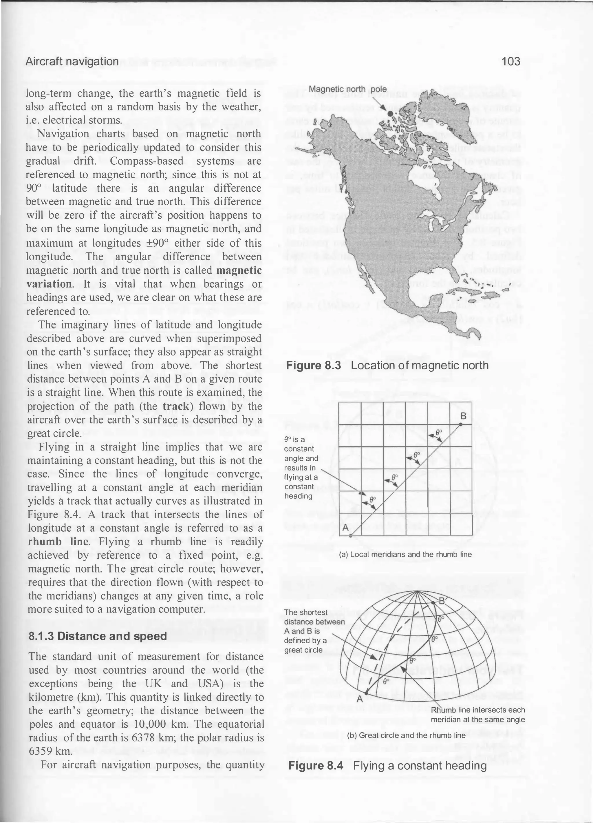 Aircraft navigation
long-term change, the earth's magnetic field is
also affected on a random basis by the weather,
i.e. electrical storms.
Navigation charts based on magnetic north
have to be periodically updated to consider this
gradual drift. Compass-based systems are
referenced to magnetic north; since this is not at
90° latitude there is an angular difference
between magnetic and true north. This difference
will be zero if the aircraft's position happens to
be on the same longitude as magnetic north, and
maximum at longitudes ±90° either side of this
longitude. The angular difference between
magnetic north and true north is called magnetic
variation. It is vital that when bearings or
headings are used, we are clear on what these are
referenced to.
The imaginary lines of latitude and longitude
described above are curved when superimposed
on the earth's surface; they also appear as straight
lines when viewed from above. The shortest
distance between points A and B on a given route
is a straight line. When this route is examined, the
projection of the path (the track) flown by the
aircraft over the earth's surface is described by a
great circle.
Flying in a straight line implies that we are
maintaining a constant heading, but this is not the
case. Since the lines of longitude converge,
travelling at a constant angle at each meridian
yields a track that actually curves as illustrated in
Figure 8.4. A track that intersects the lines of
longitude at a constant angle is referred to as a
rhumb line. Flying a rhumb line is readily
achieved by reference to a fixed point, e.g.
magnetic north. The great circle route; however,
requires that the direction flown (with respect to
the meridians) changes at any given time, a role
more suited to a navigation computer.
8.1 .3 Distance and speed
The standard unit of measurement for distance
used by most countries around the world (the
exceptions being the UK and USA) is the
kilometre (km). This quantity is linked directly to
the earth's geometry; the distance between the
poles and equator is 10,000 km. The equatorial
radius of the earth is 6378 km; the polar radius is
6359 km.
For aircraft navigation purposes, the quantity
Figure 8.3 Location of magnetic north
eo is a
constant
angle and
results in
flying at a
constant
heading
�
The shortest
defined by a
great circle
B
.y/
rv
/
� �/
-Y
/
A//
(a) Local meridians and the rhumb line
1 03
Rhumb line intersects each
meridian at the same angle
(b) Great circle and the rhumb line
Figure 8.4 Flying a constant heading
 