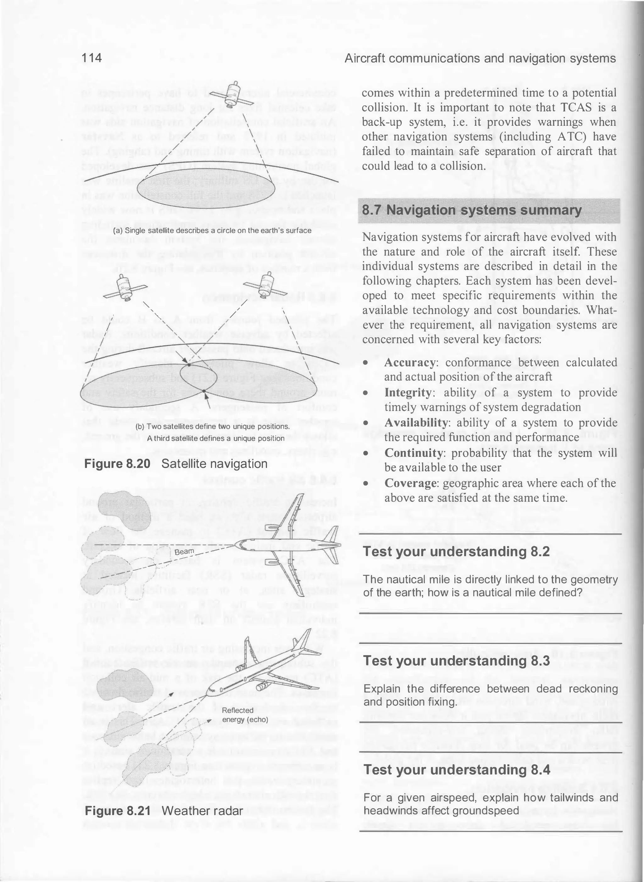 1 14
(a) Single satellite describes a circle on the earth's surface
JJr �
" /
I
'
" // 
I ' '- /
/
'
�
(b) Two satellites define two unique positions.
Athird satellite defines a unique position
Figure 8.20 Satellite navigation
- ·
Beam_ _ _ _
- ........ - -
�--�::-;:-
/
!
/
ReHected
� energy (echo)
Figure 8.21 Weather radar
Aircraft communications and navigation systems
comes within a predetermined time to a potential
collision. It is important to note that TCAS is a
back-up system, i.e. it provides warnings when
other navigation systems (including ATC) have
failed to maintain safe separation of aircraft that
could lead to a collision.
8.7 Navigation systems summary
Navigation systems for aircraft have evolved with
the nature and role of the aircraft itself. These
individual systems are described in detail in the
following chapters. Each system has been devel­
oped to meet specific requirements within the
available technology and cost boundaries. What­
ever the requirement, all navigation systems are
concerned with several key factors:
• Accuracy: conformance between calculated
and actual position ofthe aircraft
• Integrity: ability of a system to provide
timely warnings of system degradation
• Availability: ability of a system to provide
the required function and performance
• Continuity: probability that the system will
be available to the user
• Coverage: geographic area where each ofthe
above are satisfied at the same time.
Test your understanding 8.2
The nautical mile is directly linked to the geometry
of the earth; how is a nautical mile defined?
Test your understanding 8.3
Explain the difference between dead reckoning
and position fixing.
Test your understanding 8.4
For a given airspeed, explain how tailwinds and
headwinds affect groundspeed
 