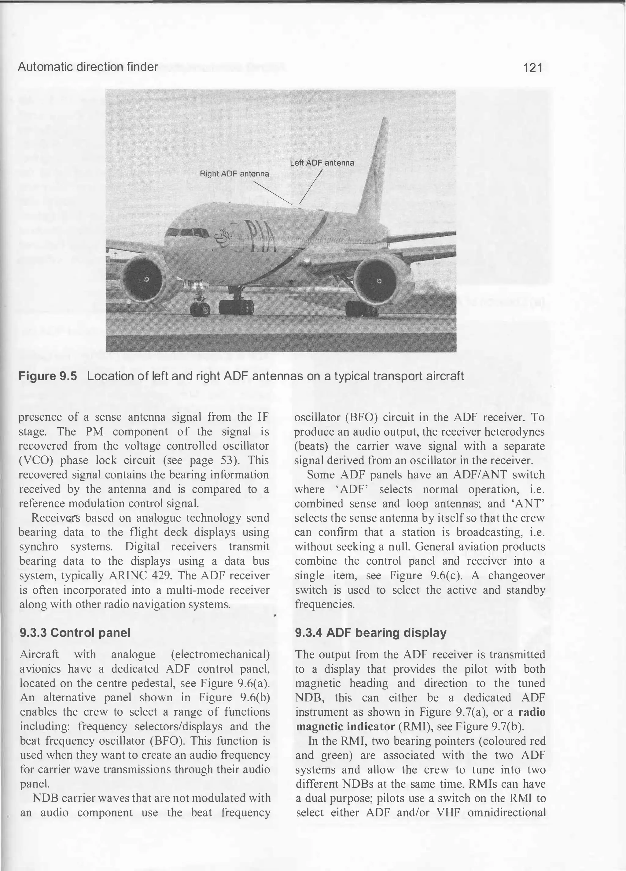 Automatic direction finder 1 2 1
Left ADF antenna
Right ADF ant�
I
Figure 9.5 Location of left and right ADF antennas on a typical transport aircraft
presence of a sense antenna signal from the IF
stage. The PM component of the signal is
recovered from the voltage controlled oscillator
(VCO) phase lock circuit (see page 53). This
recovered signal contains the bearing information
received by the antenna and is compared to a
reference modulation control signal.
Receiv(}fS based on analogue technology send
bearing data to the flight deck displays using
synchro systems. Digital receivers transmit
bearing data to the displays using a data bus
system, typically ARINC 429. The ADF receiver
is often incorporated into a multi-mode receiver
along with other radio navigation systems.
9.3.3 Control panel
Aircraft with analogue (electromechanical)
avionics have a dedicated ADF control panel,
located on the centre pedestal, see Figure 9.6(a).
An alternative panel shown in Figure 9.6(b)
enables the crew to select a range of functions
including: frequency selectors/displays and the
beat frequency oscillator (BFO). This function is
used when they want to create an audio frequency
for carrier wave transmissions through their audio
panel.
NDB carrier waves that are not modulated with
an audio component use the beat frequency
oscillator (BFO) circuit in the ADF receiver. To
produce an audio output, the receiver heterodynes
(beats) the carrier wave signal with a separate
signal derived from an oscillator in the receiver.
Some ADF panels have an ADF/ANT switch
where 'ADF' selects normal operation, i.e.
combined sense and loop antennas; and 'ANT'
selects the sense antenna by itselfso that the crew
can confirm that a station is broadcasting, i.e.
without seeking a null. General aviation products
combine the control panel and receiver into a
single item, see Figure 9.6(c). A changeover
switch is used to select the active and standby
frequencies.
9.3.4 ADF bearing display
The output from the ADF receiver is transmitted
to a display that provides the pilot with both
magnetic heading and direction to the tuned
NDB, this can either be a dedicated ADF
instrument as shown in Figure 9.7(a), or a radio
magnetic indicator (RMI), see Figure 9.7(b).
In the RMI, two bearing pointers (coloured red
and green) are associated with the two ADF
systems and allow the crew to tune into two
different NDBs at the same time. RMis can have
a dual purpose; pilots use a switch on the RMI to
select either ADF and/or VHF omnidirectional
 