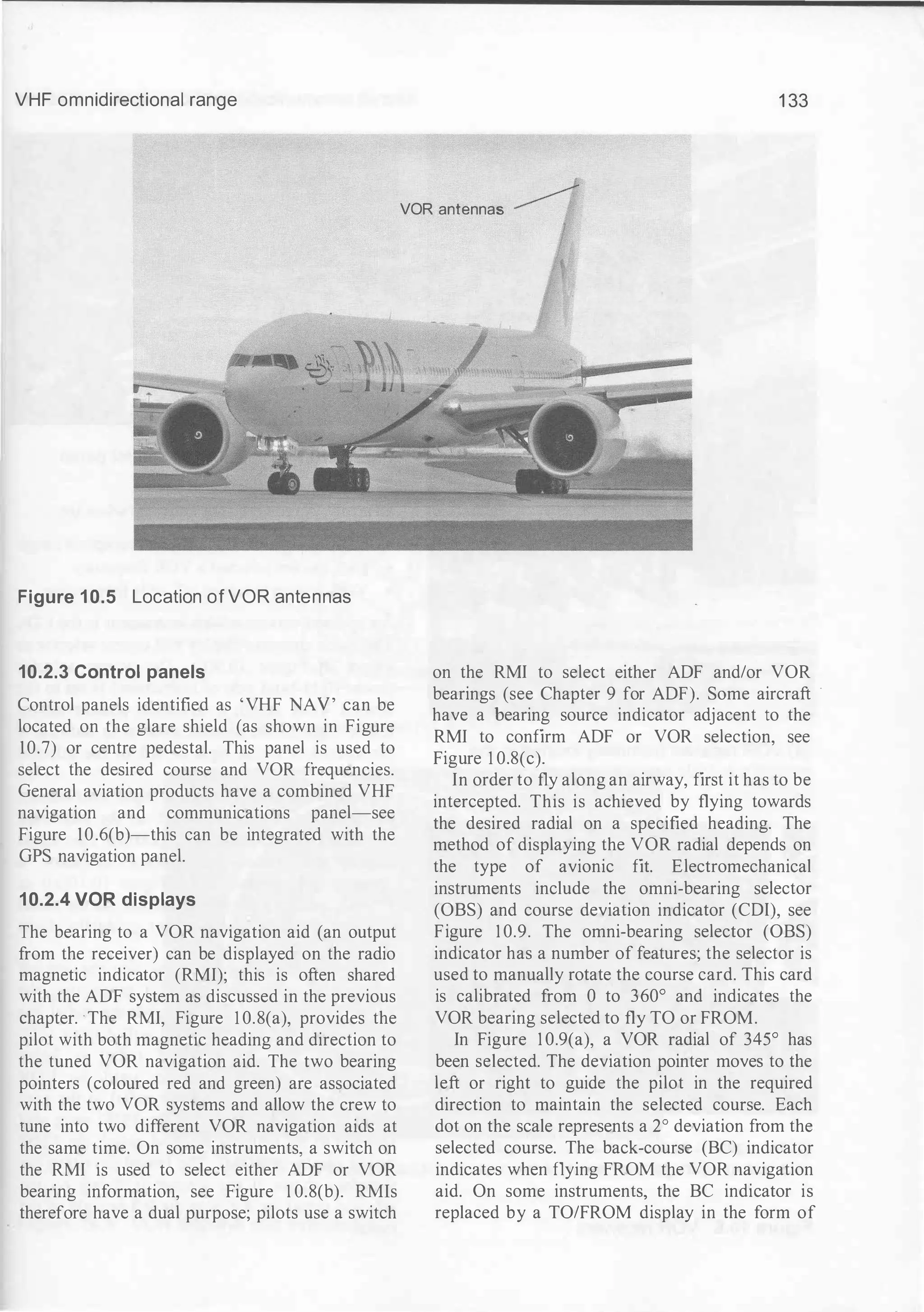 VHF omnidirectional range
Figure 10.5 Location of VOR antennas
10.2.3 Control panels
Control panels identified as 'VHF NAY' can be
located on the glare shield (as shown in Figure
10.7) or centre pedestal. This panel is used to
select the desired course and VOR frequencies.
General aviation products have a combined VHF
navigation and communications panel-see
Figure 10.6(b)-this can be integrated with the
GPS navigation panel.
10.2.4 VOR displays
The bearing to a VOR navigation aid (an output
from the receiver) can be displayed on the radio
magnetic indicator (RMI); this is often shared
with the ADF system as discussed in the previous
chapter. The RMI, Figure 1 0.8(a), provides the
pilot with both magnetic heading and direction to
the tuned VOR navigation aid. The two bearing
pointers (coloured red and green) are associated
with the two VOR systems and allow the crew to
tune into two different VOR navigation aids at
the same time. On some instruments, a switch on
the RMI is used to select either ADF or VOR
bearing information, see Figure 1 0.8(b). RMls
therefore have a dual purpose; pilots use a switch
1 33
VOR antennas �
on the RMI to select either ADF and/or VOR
bearings (see Chapter 9 for ADF). Some aircraft -
have a bearing source indicator adjacent to the
RMI to confirm ADF or VOR selection, see
Figure 1 0.8(c).
In order to fly along an airway, first it has to be
intercepted. This is achieved by flying towards
the desired radial on a specified heading. The
method of displaying the VOR radial depends on
the type of avionic fit. Electromechanical
instruments include the omni-bearing selector
(OBS) and course deviation indicator (CDI), see
Figure 1 0.9. The omni-bearing selector (OBS)
indicator has a number of features; the selector is
used to manually rotate the course card. This card
is calibrated from 0 to 360° and indicates the
VOR bearing selected to fly TO or FROM.
In Figure 1 0.9(a), a VOR radial of 345° has
been selected. The deviation pointer moves to the
left or right to guide the pilot in the required
direction to maintain the selected course. Each
dot on the scale represents a 2° deviation from the
selected course. The back-course (BC) indicator
indicates when flying FROM the VOR navigation
aid. On some instruments, the BC indicator is
replaced by a TO/FROM display in the form of
 