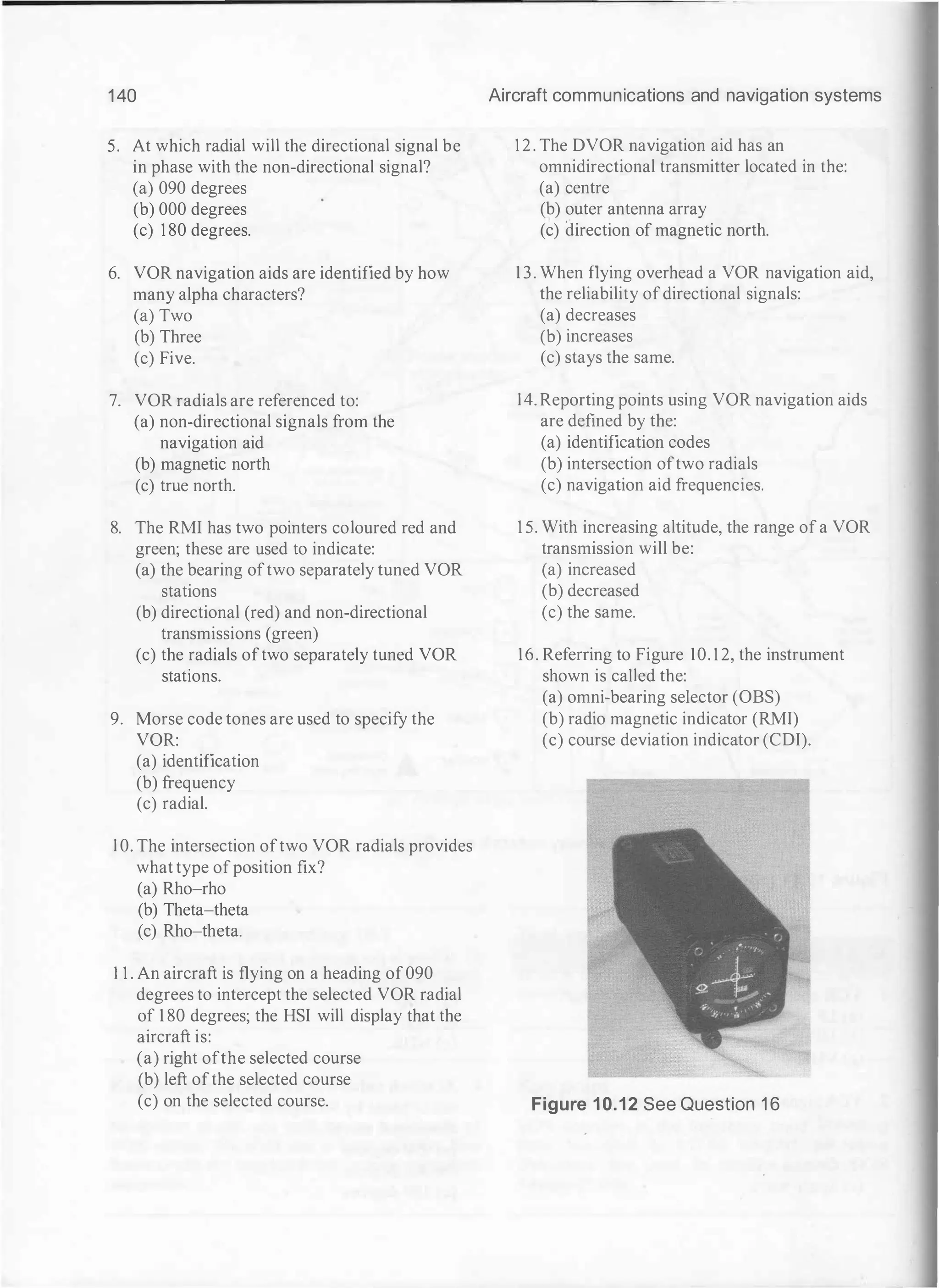 1 40
5. At which radial will the directional signal be
in phase with the non-directional signal?
(a) 090 degrees
(b) 000 degrees
(c) 1 80 degrees.
6. VOR navigation aids are identified by how
many alpha characters?
(a) Two
(b) Three
(c) Five.
7. VOR radials are referenced to:
(a) non-directional signals from the
navigation aid
(b) magnetic north
(c) true north.
8. The RMI has two pointers coloured red and
green; these are used to indicate:
(a) the bearing oftwo separately tuned VOR
stations
(b) directional (red) and non-directional
transmissions (green)
(c) the radials oftwo separately tuned VOR
stations.
9. Morse code tones are used to specify the
VOR:
(a) identification
(b) frequency
(c) radial.
1 0. The intersection oftwo VOR radials provides
what type ofposition fix?
(a) Rho-rho
(b) Theta-theta
(c) Rho-theta.
1 1 . An aircraft is flying on a heading of090
degrees to intercept the selected VOR radial
of 1 80 degrees; the HSI will display that the
aircraft is:
(a) right ofthe selected course
(b) left ofthe selected course
(c) on the selected course.
Aircraft communications and navigation systems
12. The DVOR navigation aid has an
omnidirectional transmitter located in the:
(a) centre
(b) outer antenna array
(c) direction of magnetic north.
13. When flying overhead a VOR navigation aid,
the reliability ofdirectional signals:
(a) decreases
(b) increases
(c) stays the same.
14. Reporting points using VOR navigation aids
are defined by the:
(a) identification codes
(b) intersection oftwo radials
(c) navigation aid frequencies.
1 5. With increasing altitude, the range of a VOR
transmission will be:
(a) increased
(b) decreased
(c) the same.
16. Referring to Figure 10. 1 2, the instrument
shown is called the:
(a) omni-bearing selector (OBS)
(b) radio magnetic indicator (RMJ)
(c) course deviation indicator (CDI).
Figure 10.12 See Question 1 6
 