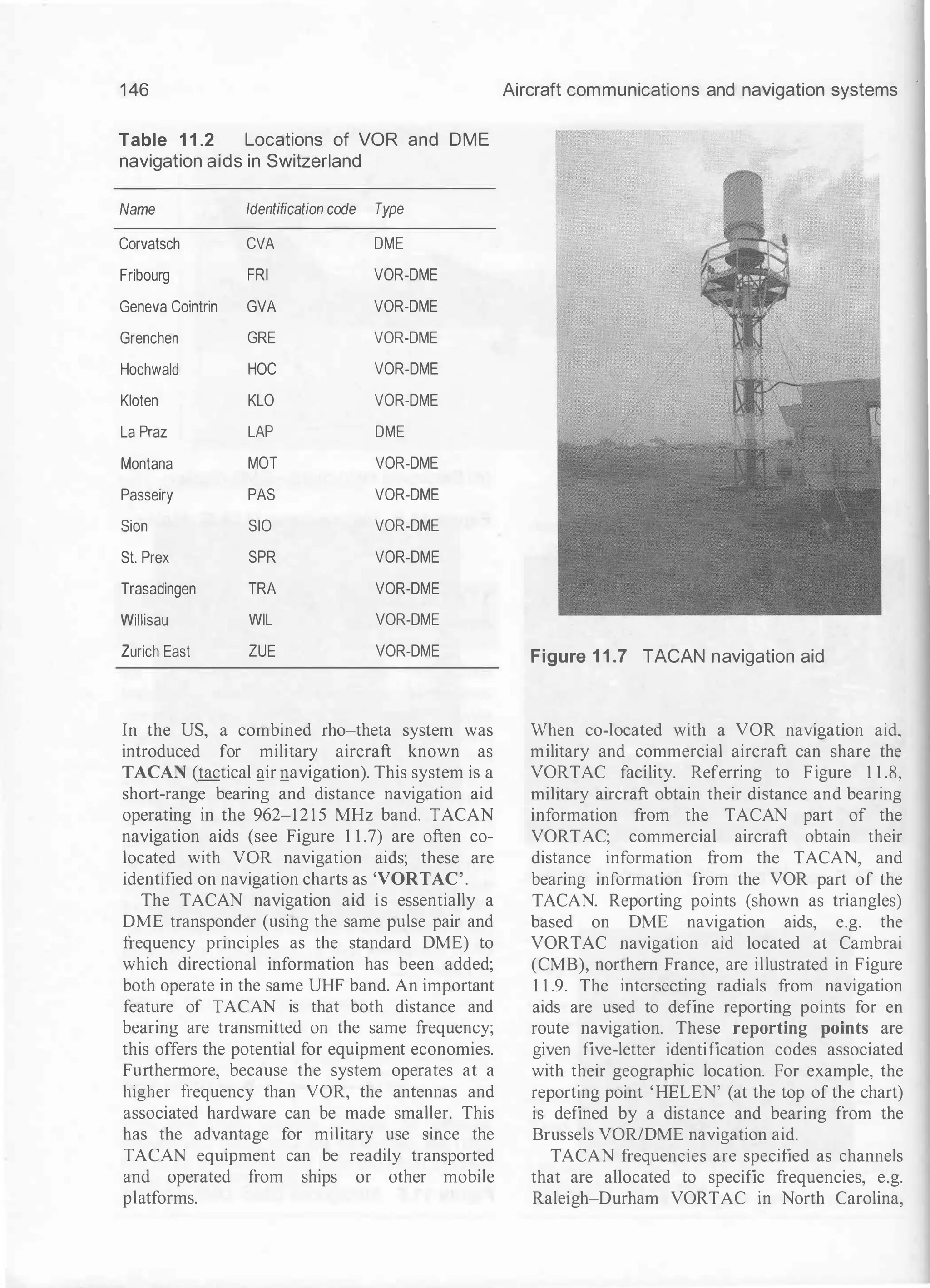 146
Table 1 1 .2 Locations of VOR and DME
navigation aids in Switzerland
Name Identification code Type
Corvatsch CVA DME
Fribourg FRI VOR-DME
Geneva Cointrin GVA VOR-DME
Grenchen GRE VOR-DME
Hochwald HOC VOR-DME
Kloten KLO VOR-DME
La Praz LAP DME
Montana MOT VOR-DME
Passeiry PAS VOR-DME
Sian SIO VOR-DME
St. Prex SPR VOR-DME
Trasadingen TRA VOR-DME
Willisau WIL VOR-DME
Zurich East ZUE VOR-DME
In the US, a combined rho-theta system was
introduced for military aircraft known as
TACAN (tactical f!ir navigation). This system is a
short-range bearing and distance navigation aid
operating in the 962-1 2 1 5 MHz band. TACAN
navigation aids (see Figure 1 1 .7) are often co­
located with VOR navigation aids; these are
identified on navigation charts as 'VORTAC'.
The TACAN navigation aid is essentially a
DME transponder (using the same pulse pair and
frequency principles as the standard DME) to
which directional information has been added;
both operate in the same UHF band. An important
feature of TACAN is that both distance and
bearing are transmitted on the same frequency;
this offers the potential for equipment economies.
Furthermore, because the system operates at a
higher frequency than VOR, the antennas and
associated hardware can be made smaller. This
has the advantage for military use since the
TACAN equipment can be readily transported
and operated from ships or other mobile
platforms.
Aircraft communications and navigation systems
Figure 1 1 .7 TACAN navigation aid
When co-located with a VOR navigation aid,
military and commercial aircraft can share the
VORTAC facility. Referring to Figure 1 1 .8,
military aircraft obtain their distance and bearing
information from the TACAN part of the
VORTAC; commercial aircraft obtain their
distance information from the TACAN, and
bearing information from the VOR part of the
TACAN. Reporting points (shown as triangles)
based on DME navigation aids, e.g. the
VORTAC navigation aid located at Cambrai
(CMB), northern France, are illustrated in Figure
1 1 .9. The intersecting radials from navigation
aids are used to define reporting points for en
route navigation. These reporting points are
given five-letter identification codes associated
with their geographic location. For example, the
reporting point 'HELEN' (at the top of the chart)
is defined by a distance and bearing from the
Brussels VOR/DME navigation aid.
TACAN frequencies are specified as channels
that are allocated to specific frequencies, e.g.
Raleigh-Durham VORTAC in North Carolina,
 