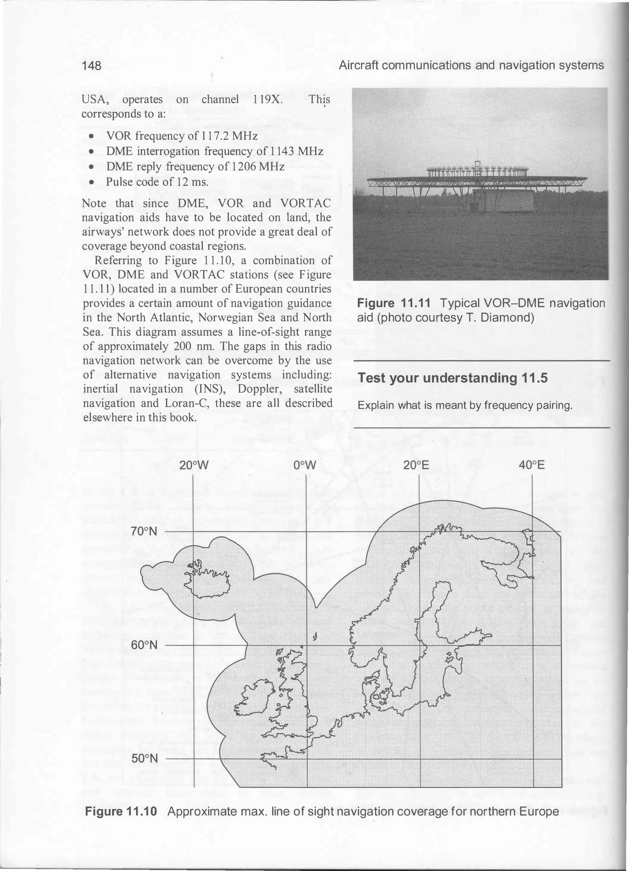 148
USA, operates on channel 1 19X. This
corresponds to a:
• VOR frequency of 1 1 7.2 MHz
• DME interrogation frequency of 1 143 MHz
• DME reply frequency of 1 206 MHz
• Pulse code of 12 ms.
Note that since DME, VOR and VORTAC
navigation aids have to be located on land, the
airways' network does not provide a great deal of
coverage beyond coastal regions.
Referring to Figure 1 1 . 10, a combination of
VOR, DME and VORTAC stations (see Figure
1 1 . 1 1) located in a number of European countries
provides a certain amount of navigation guidance
in the North Atlantic, Norwegian Sea and North
Sea. This diagram assumes a line-of-sight range
of approximately 200 nm. The gaps in this radio
navigation network can be overcome by the use
of alternative navigation systems including:
inertial navigation (INS), Doppler, satellite
navigation and Loran-C, these are all described
elsewhere in this book.
Aircraft communications and navigation systems
Figure 1 1 .1 1 Typical VOR-DME navigation
aid (photo courtesy T. Diamond)
Test your understanding 11.5
Explain what is meant by frequency pairing.
Figure 1 1 .1 0 Approximate max. line of sight navigation coverage for northern Europe
 