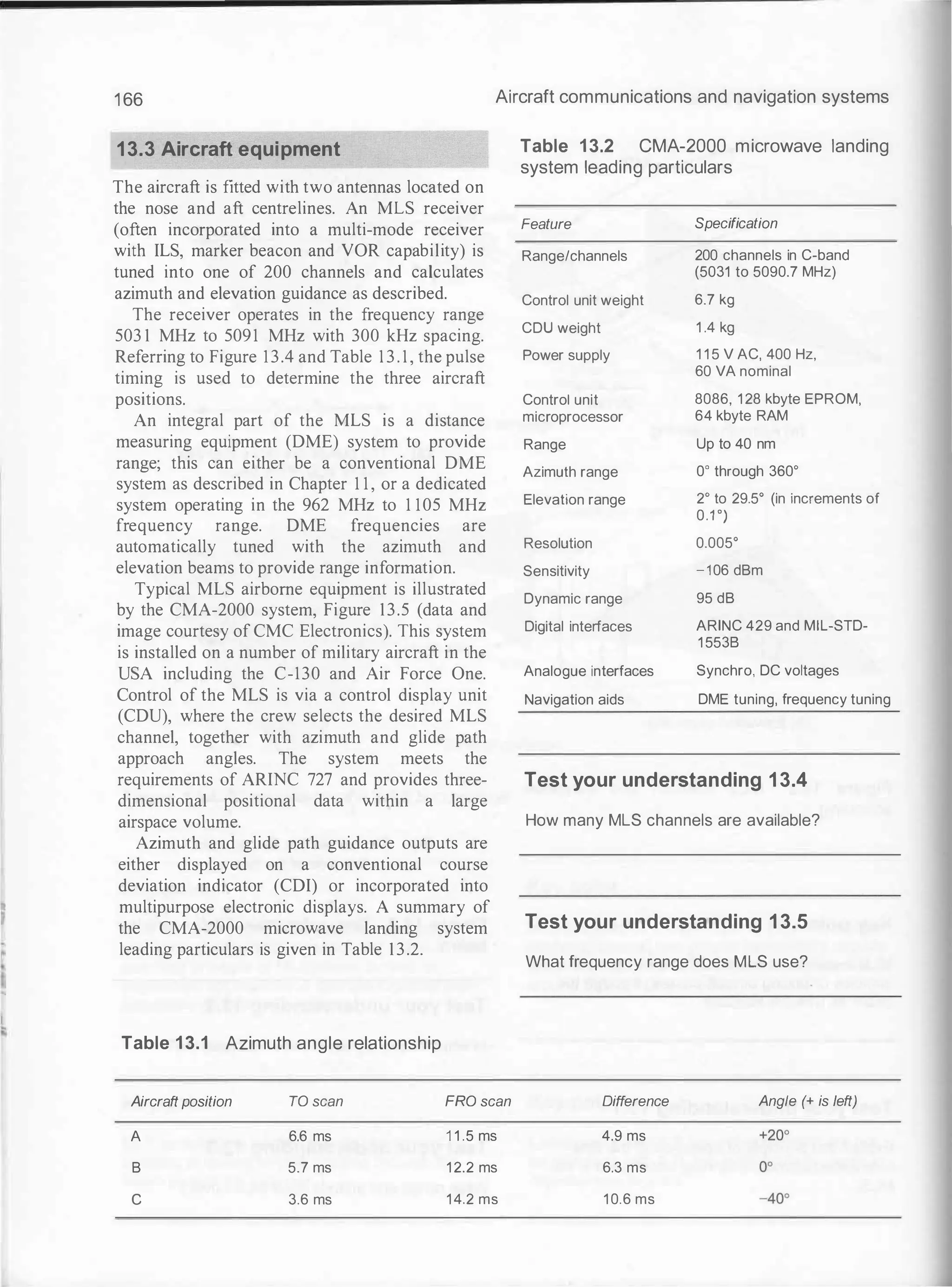 1 66 Aircraft communications and navigation systems
13.3 Aircraft equipment
The aircraft is fitted with two antennas located on
the nose and aft centrelines. An MLS receiver
(often incorporated into a multi-mode receiver
with ILS, marker beacon and VOR capability) is
tuned into one of 200 channels and calculates
azimuth and elevation guidance as described.
The receiver operates in the frequency range
503 1 MHz to 5091 MHz with 300 kHz spacing.
Referring to Figure 13.4 and Table 1 3 . 1 , the pulse
timing is used to determine the three aircraft
positions.
An integral part of the MLS is a distance
measuring equipment (DME) system to provide
range; this can either be a conventional DME
system as described in Chapter 1 1 , or a dedicated
system operating in the 962 MHz to 1 105 MHz
frequency range. DME frequencies are
automatically tuned with the azimuth and
elevation beams to provide range information.
Typical MLS airborne equipment is illustrated
by the CMA-2000 system, Figure 13.5 (data and
image courtesy of CMC Electronics). This system
is installed on a number of military aircraft in the
USA including the C-130 and Air Force One.
Control of the MLS is via a control display unit
(CDU), where the crew selects the desired MLS
channel, together with azimuth and glide path
approach angles. The system meets the
requirements of ARINC 727 and provides three­
dimensional positional data within a large
airspace volume.
Azimuth and glide path guidance outputs are
either displayed on a conventional course
deviation indicator (CDI) or incorporated into
multipurpose electronic displays. A summary of
the CMA-2000 microwave landing system
leading particulars is given in Table 13.2.
Table 13.1 Azimuth angle relationship
Aircraft position
A
B
c
TO scan
6.6 ms
5.7 ms
3.6 ms
FRO scan
1 1 .5 ms
12.2 ms
14.2 ms
Table 13.2 CMA-2000 microwave landing
system leading particulars
Feature
Range/channels
Control unit weight
CDU weight
Power supply
Control unit
microprocessor
Range
Azimuth range
Elevation range
Resolution
Sensitivity
Dynamic range
Digital interfaces
Analogue interfaces
Navigation aids
Specification
200 channels in C-band
(5031 to 5090.7 MHz)
6.7 kg
1 .4 kg
1 1 5 V AC, 400 Hz,
60 VA nominal
8086, 128 kbyte EPROM,
64 kbyte RAM
Up to 40 nm
0' through 360'
2' to 29.5' (in increments of
0.1 ' )
0.005'
-106 dBm
95 dB
ARINC 429 and MIL-STD-
15538
Synchro, DC voltages
DME tuning, frequency tuning
Test your understanding 13.4
How many MLS channels are available?
Test your understanding 13.5
What frequency range does MLS use?
Difference Angle (+ is left)
4.9 ms
6.3 ms
10.6 ms
 
