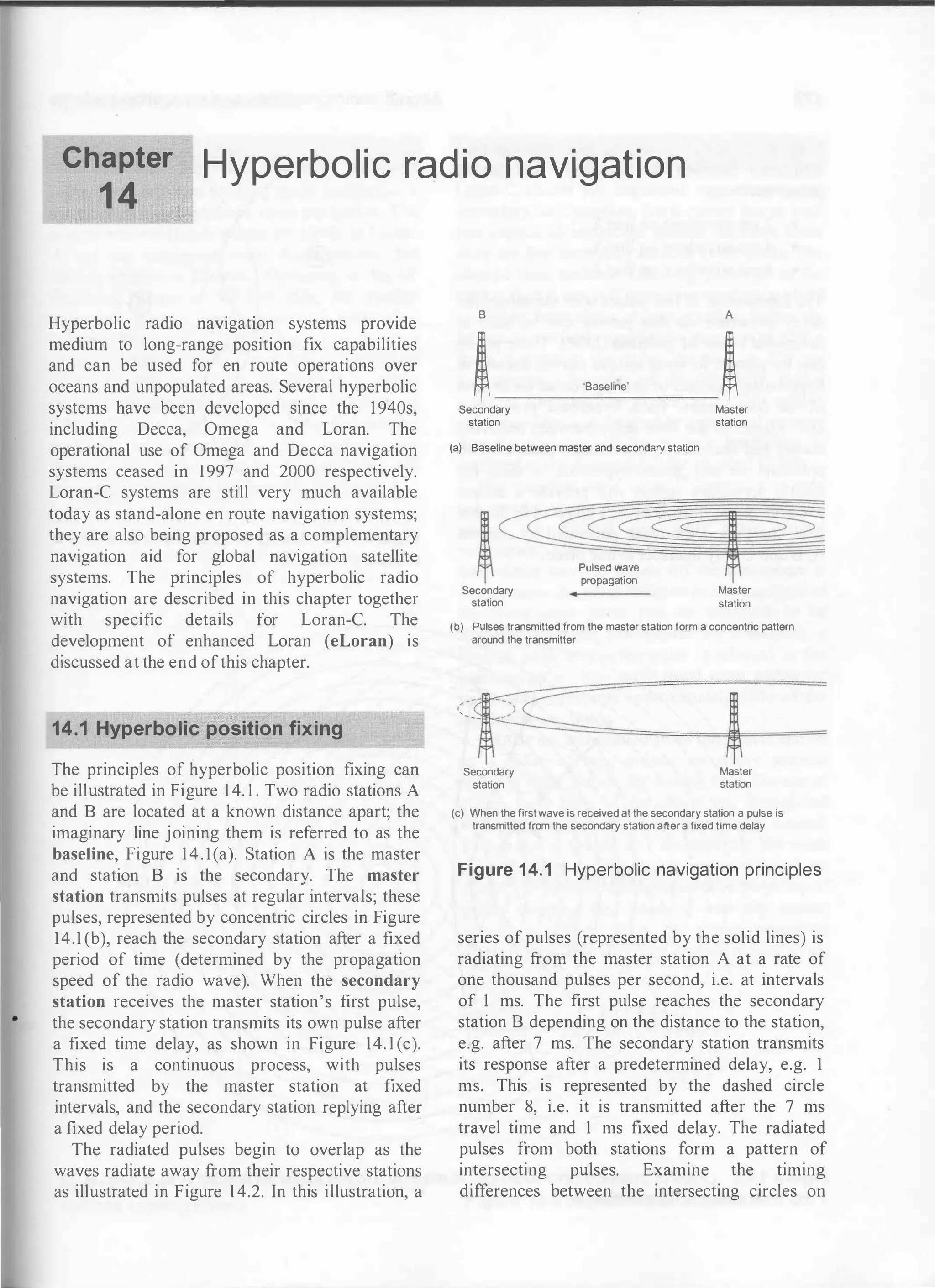 Chapter
1 4
Hyperbolic radio navigation
Hyperbolic radio navigation systems provide
medium to long-range position fix capabilities
and can be used for en route operations over
oceans and unpopulated areas. Several hyperbolic
systems have been developed since the 1940s,
including Decca, Omega and Loran. The
operational use of Omega and Decca navigation
systems ceased in 1997 and 2000 respectively.
Loran-C systems are still very much available
today as stand-alone en route navigation systems;
they are also being proposed as a complementary
navigation aid for global navigation satellite
systems. The principles of hyperbolic radio
navigation are described in this chapter together
with specific details for Loran-C. The
development of enhanced Loran (eLoran) is
discussed at the end ofthis chapter.
14.1 Hyperbolic position fixing
The principles of hyperbolic position fixing can
be illustrated in Figure 1 4. 1 . Two radio stations A
and B are located at a known distance apart; the
imaginary line joining them is referred to as the
baseline, Figure 14.1(a). Station A is the master
and station B is the secondary. The master
station transmits pulses at regular intervals; these
pulses, represented by concentric circles in Figure
14.1 (b), reach the secondary station after a fixed
period of time (determined by the propagation
speed of the radio wave). When the secondary
station receives the master station's frrst pulse,
the secondary station transmits its own pulse after
a fixed time delay, as shown in Figure 14. l (c).
This is a continuous process, with pulses
transmitted by the master station at fixed
intervals, and the secondary station replying after
a fixed delay period.
The radiated pulses begin to overlap as the
waves radiate away from their respective stations
as illustrated in Figure 1 4.2. In this illustration, a
B A
l 'Baseline'
l
Secondary Master
station station
(a) Baseline between master and secondary station
�� , =
� ����a
�=t�;:
Secondary Master
station station
(b) Pulses transmitted from the master station form a concentric pattern
around the transmitter
- - -
-
.
-
F �
Secondary Master
station station
(c) When the firstwave is received at the secondary station a pulse is
transmitted from the secondary station aftera fixed time delay
�
Figure 14.1 Hyperbolic navigation principles
series of pulses (represented by the solid lines) is
radiating from the master station A at a rate of
one thousand pulses per second, i.e. at intervals
of 1 ms. The first pulse reaches the secondary
station B depending on the distance to the station,
e.g. after 7 ms. The secondary station transmits
its response after a predetermined delay, e.g. 1
ms. This is represented by the dashed circle
number 8, i.e. it is transmitted after the 7 ms
travel time and 1 ms fixed delay. The radiated
pulses from both stations form a pattern of
intersecting pulses. Examine the timing
differences between the intersecting circles on
 