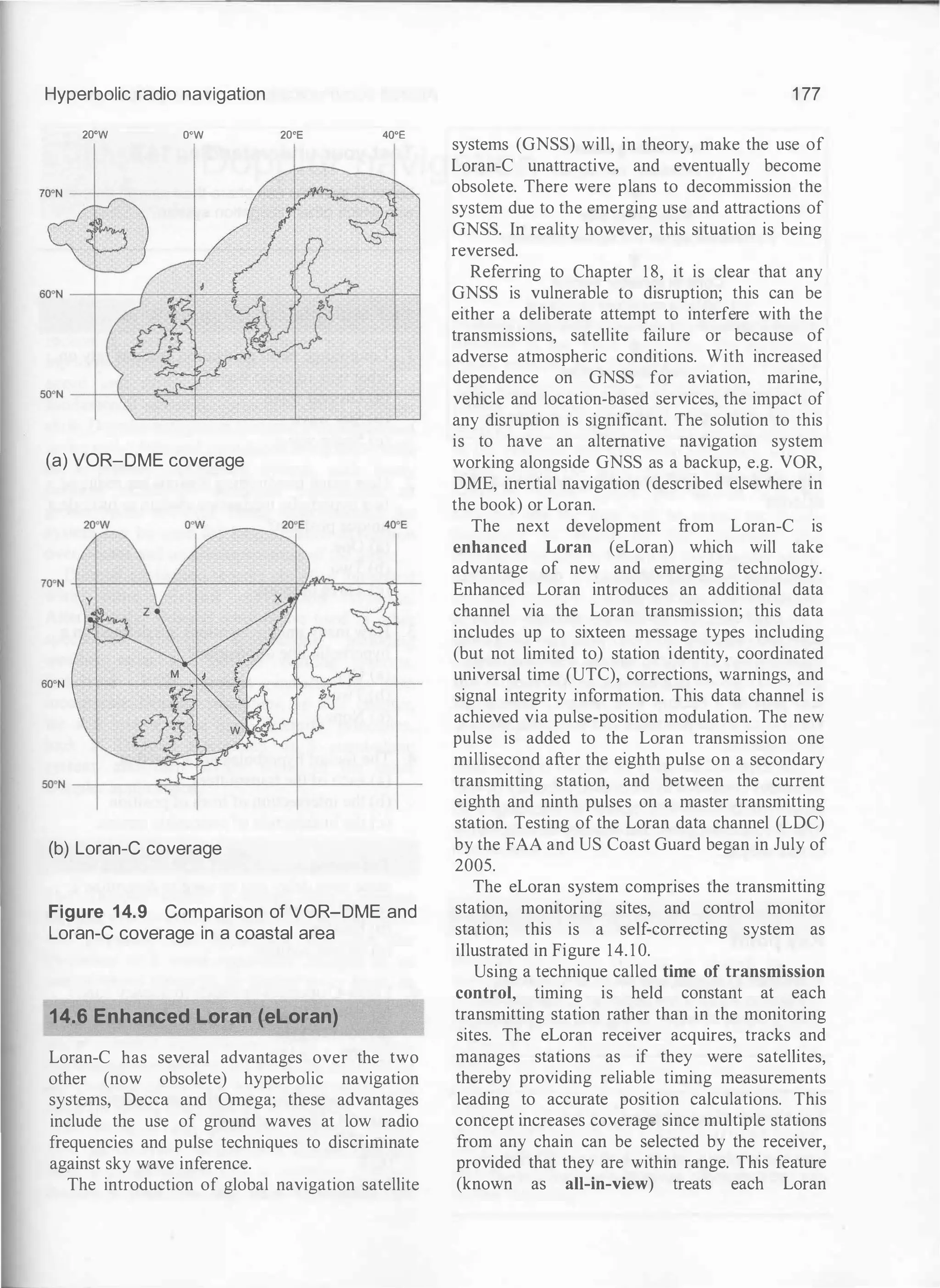 Hyperbolic radio navigation
20'W O'W
(a) VOR-DME coverage
(b) Loran-e coverage
20'E 40'E
Figure 14.9 Comparison of VOR-DME and
Loran-e coverage in a coastal area
14.6 Enhanced Loran (eloran)
Loran-C has several advantages over the two
other (now obsolete) hyperbolic navigation
systems, Decca and Omega; these advantages
include the use of ground waves at low radio
frequencies and pulse techniques to discriminate
against sky wave inference.
The introduction of global navigation satellite
1 77
systems (GNSS) will, in theory, make the use of
Loran-C unattractive, and eventually become
obsolete. There were plans to decommission the
system due to the emerging use and attractions of
GNSS. In reality however, this situation is being
reversed.
Referring to Chapter 18, it is clear that any
GNSS is vulnerable to disruption; this can be
either a deliberate attempt to interfere with the
transmissions, satellite failure or because of
adverse atmospheric conditions. With increased
dependence on GNSS for aviation, marine,
vehicle and location-based services, the impact of
any disruption is significant. The solution to this
is to have an alternative navigation system
working alongside GNSS as a backup, e.g. VOR,
DME, inertial navigation (described elsewhere in
the book) or Loran.
The next development from Loran-C is
enhanced Loran (eLoran) which will take
advantage of new and emerging technology.
Enhanced Loran introduces an additional data
channel via the Loran transmission; this data
includes up to sixteen message types including
(but not limited to) station identity, coordinated
universal time (UTC), corrections, warnings, and
signal integrity information. This data channel is
achieved via pulse-position modulation. The new
pulse is added to the Loran transmission one
millisecond after the eighth pulse on a secondary
transmitting station, and between the current
eighth and ninth pulses on a master transmitting
station. Testing of the Loran data channel (LDC)
by the FAA and US Coast Guard began in July of
2005.
The eLoran system comprises the transmitting
station, monitoring sites, and control monitor
station; this is a self-correcting system as
illustrated in Figure 14. 1 0.
Using a technique called time of transmission
control, timing is held constant at each
transmitting station rather than in the monitoring
sites. The eLoran receiver acquires, tracks and
manages stations as if they were satellites,
thereby providing reliable timing measurements
leading to accurate position calculations. This
concept increases coverage since multiple stations
from any chain can be selected by the receiver,
provided that they are within range. This feature
(known as ali-in-view) treats each Loran
 
