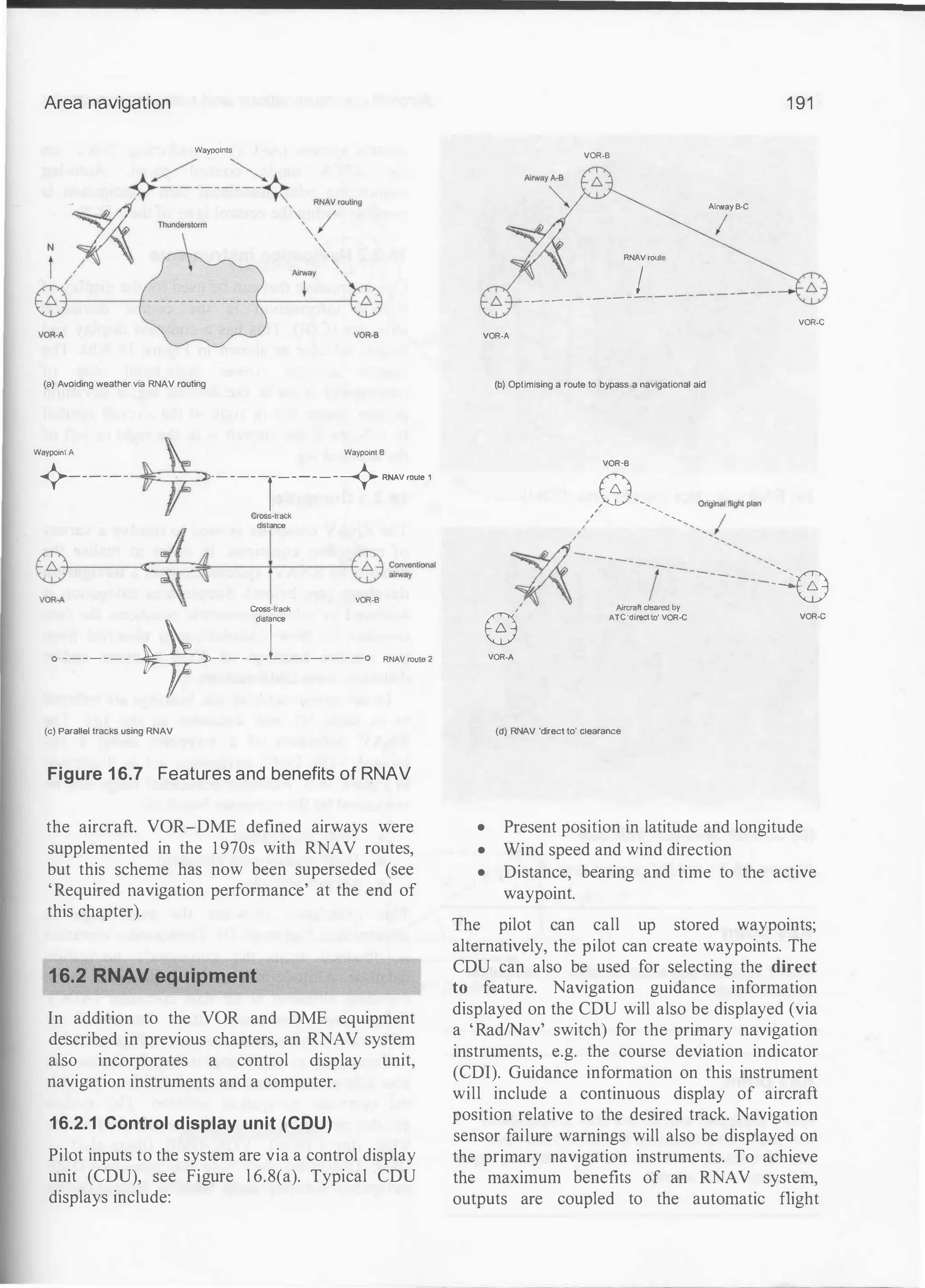 Area navigation
Waypoints
(a) Avoiding weather via RNAV routing
Waypoint A
-+
Waypolnt B
�------ · - - - - -
r- - - - - - �RNAV route 1
Cross-track
distance
VOR.S
Cross-track
o - - - - - - +- T- - - - -o _, _ ,
(c) Parallel tracks using RNAV
Figure 1 6.7 Features and benefits of RNAV
the aircraft. VOR-DME defined airways were
supplemented in the 1 970s with RNAV routes,
but this scheme has now been superseded (see
'Required navigation performance' at the end of
this chapter).
16.2 RNAV equipment
In addition to the VOR and DME equipment
described in previous chapters, an RNAV system
also incorporates a control display unit,
navigation instruments and a computer.
16.2.1 Control display unit {CDU)
Pilot inputs to the system are via a control display
unit (CDU), see Figure l 6.8(a). Typical CDU
displays include:
1 91
VOR-B
Airway s-c
I
RNAI/ roote
I
--- -- ------ --
VOR·C
VOR·A
(b) Optimising a route to bypass a navigational aid
VOR·B
fE-_ ���
�'�-----;-�:=:�:::�::e
11 Aircraftcleared by
8
ATC"directlo" VOR·C VOR·C
VCR-A
(d) RNAV 'direct to' clearance
• Present position in latitude and longitude
• Wind speed and wind direction
• Distance, bearing and time to the active
waypoint.
The pilot can call up stored waypoints;
alternatively, the pilot can create waypoints. The
CDU can also be used for selecting the direct
to feature. Navigation guidance information
displayed on the CDU will also be displayed (via
a 'Rad/Nav' switch) for the primary navigation
instruments, e.g. the course deviation indicator
(CDI). Guidance information on this instrument
will include a continuous display of aircraft
position relative to the desired track. Navigation
sensor failure warnings will also be displayed on
the primary navigation instruments. To achieve
the maximum benefits of an RNAV system,
outputs are coupled to the automatic flight
 