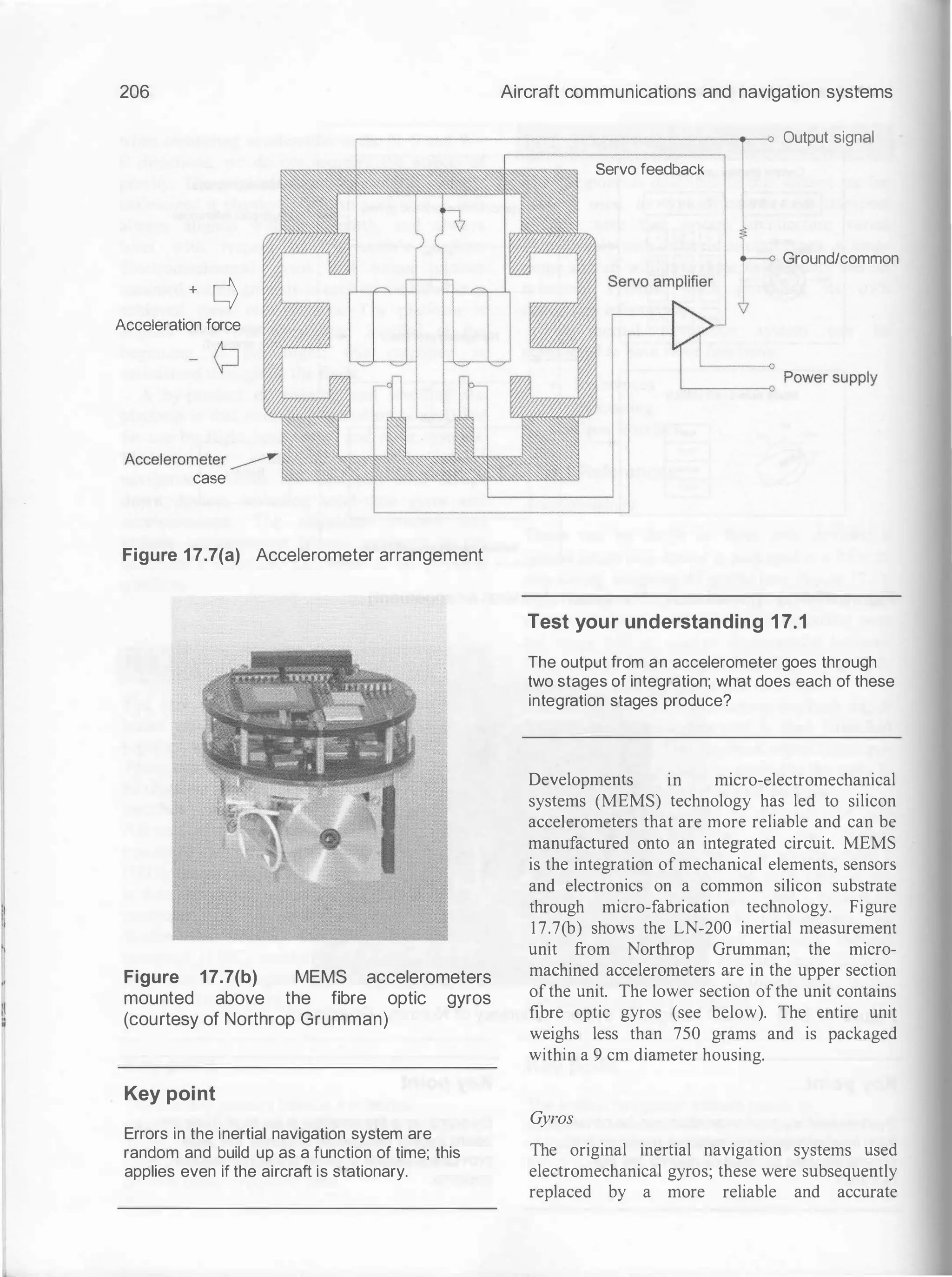 206 Aircraft communications and navigation systems
.---------------------o Output signal
+ c)
Acceleration force
case
Figure 1 7.7(a) Accelerometer arrangement
Figure 17.7(b) MEMS accelerometers
mounted above the fibre optic gyros
(courtesy of Northrop Grumman)
Key point
Errors in the inertial navigation system are
random and build up as a function of time; this
applies even if the aircraft is stationary.
Servo feedback
Ground/common
Test your understanding 17.1
The output from an accelerometer goes through
two stages of integration; what does each of these
integration stages produce?
Developments in micro-electromechanical
systems (MEMS) technology has led to silicon
accelerometers that are more reliable and can be
manufactured onto an integrated circuit. MEMS
is the integration of mechanical elements, sensors
and electronics on a common silicon substrate
through micro-fabrication technology. Figure
17.7(b) shows the LN-200 inertial measurement
unit from Northrop Grumman; the micro­
machined accelerometers are in the upper section
ofthe unit. The lower section ofthe unit contains
fibre optic gyros (see below). The entire unit
weighs less than 750 grams and is packaged
within a 9 em diameter housing.
Gyros
The original inertial navigation systems used
electromechanical gyros; these were subsequently
replaced by a more reliable and accurate
 