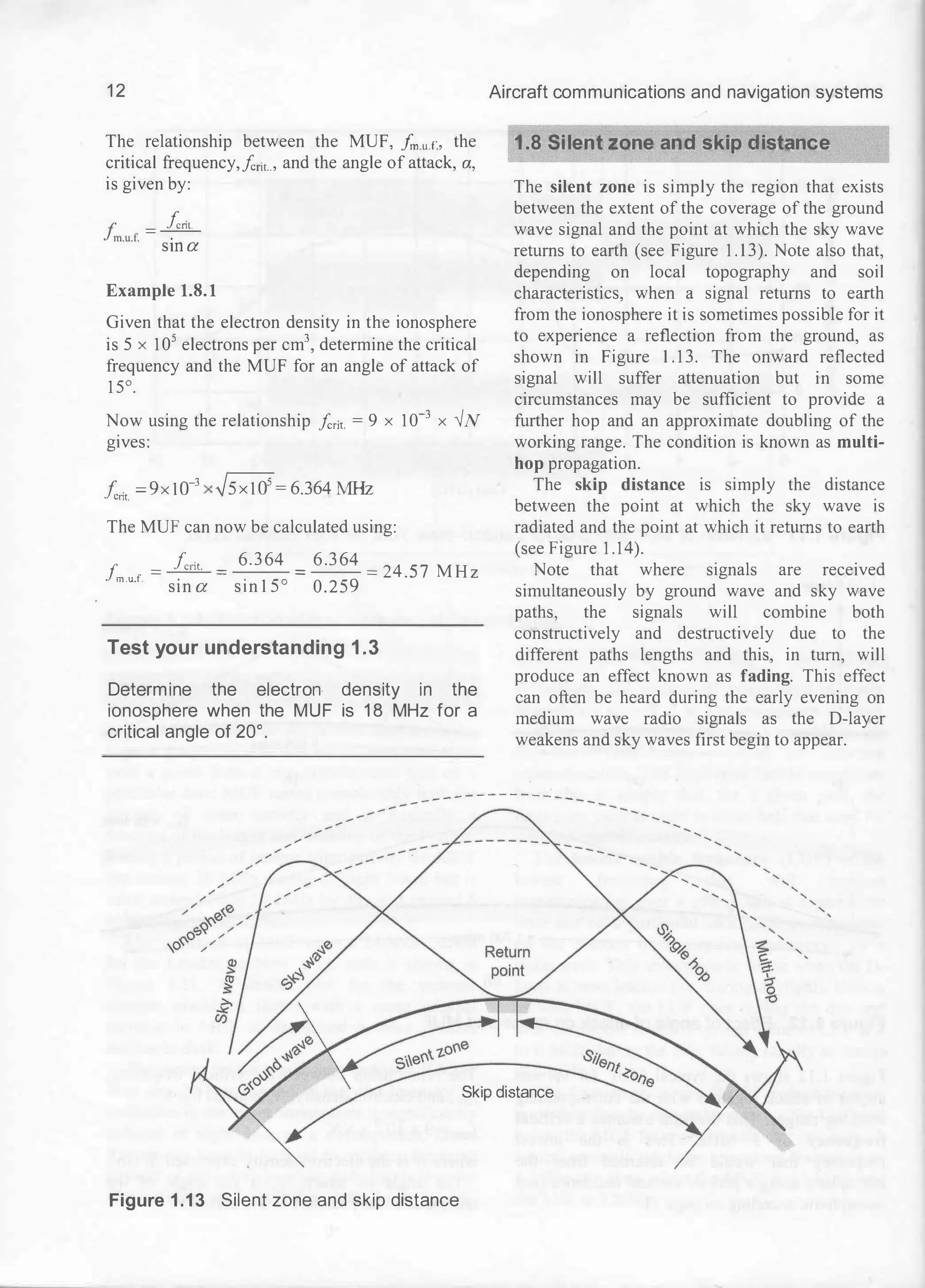 1 2
The relationship between the MUF, fm.u.r., the
critical frequency,fcrir.., and the angle of attack, a,
is given by:
+ = fcrit
Jm.u.f. .
s m a
Example 1.8.1
Given that the electron density in the ionosphere
is 5 x 105 electrons per cm3, determine the critical
frequency and the MUF for an angle of attack of
15°.
Now using the relationship fcrit = 9 x 10-3 x -/N
gives:
fent =9X 10-J X �5 X 1 05 = 6.
364 MHz
The MUF can now be calculated using:
J. = fcrit =
6.364 =
6.
364 = 24.5 7 MHz
m.u.f.
sin a sin 1 5° 0.259
Test your understanding 1.3
Determine the electron density in the
ionosphere when the MUF is 1 8 MHz for a
critical angle of 20°.
Aircraft communications and navigation systems
1.8 Silent zone and skip distance
The silent zone is simply the region that exists
between the extent of the coverage of the ground
wave signal and the point at which the sky wave
returns to earth (see Figure 1. 1
3). Note also that,
depending on local topography and soil
characteristics, when a signal returns to earth
from the ionosphere it is sometimes possible for it
to experience a reflection from the ground, as
shown in Figure 1.1
3. The onward reflected
signal will suffer attenuation but in some
circumstances may be sufficient to provide a
further hop and an approximate doubling of the
working range. The condition is known as multi­
hop propagation.
The skip distance is simply the distance
between the point at which the sky wave is
radiated and the point at which it returns to earth
(see Figure 1.14).
Note that where signals are received
simultaneously by ground wave and sky wave
paths, the signals will combine both
constructively and destructively due to the
different paths lengths and this, in turn, will
produce an effect known as fading. This effect
can often be heard during the early evening on
medium wave radio signals as the D-layer
weakens and sky waves first begin to appear.
- - -
- - - - - - - - - - -
Figure 1 .1 3 Silent zone and skip distance
Skip distance
 
