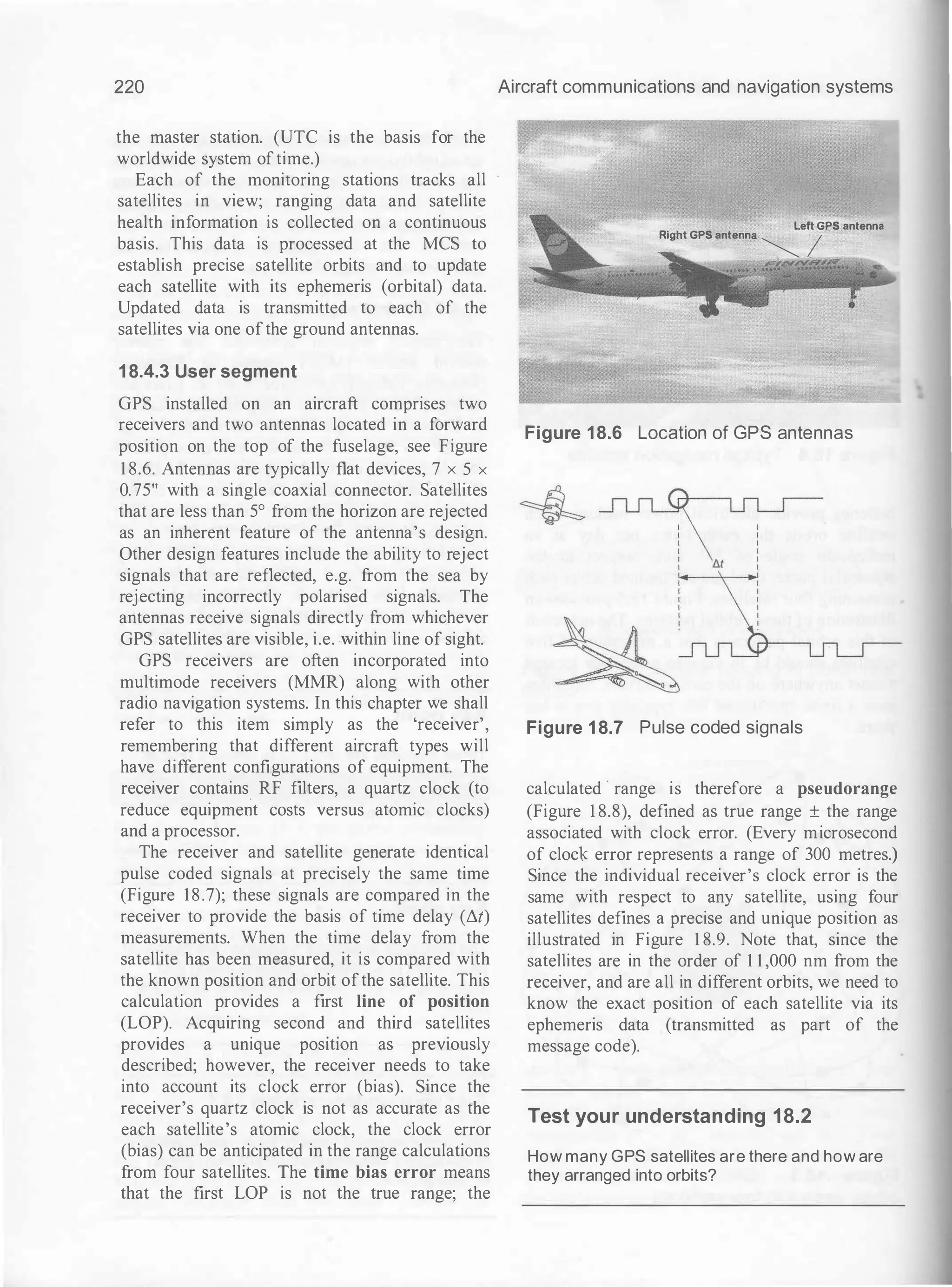 220
the master station. (UTC is the basis for the
worldwide system oftime.)
Each of the monitoring stations tracks all
satellites in view; ranging data and satellite
health information is collected on a continuous
basis. This data is processed at the MCS to
establish precise satellite orbits and to update
each satellite with its ephemeris (orbital) data.
Updated data is transmitted to each of the
satellites via one ofthe ground antennas.
1 8.4.3 User segment
GPS installed on an aircraft comprises two
receivers and two antennas located in a forward
position on the top of the fuselage, see Figure
1 8.6. Antennas are typically flat devices, 7 x 5 x
0.75" with a single coaxial connector. Satellites
that are less than 5° from the horizon are rejected
as an inherent feature of the antenna's design.
Other design features include the ability to reject
signals that are reflected, e.g. from the sea by
rejecting incorrectly polarised signals. The
antennas receive signals directly from whichever
GPS satellites are visible, i.e. within line of sight.
GPS receivers are often incorporated into
multimode receivers (MMR) along with other
radio navigation systems. In this chapter we shall
refer to this item simply as the 'receiver',
remembering that different aircraft types will
have different configurations of equipment. The
receiver contains RF filters, a quartz clock (to
reduce equipment costs versus atomic clocks)
and a processor.
The receiver and satellite generate identical
pulse coded signals at precisely the same time
(Figure 18.7); these signals are compared in the
receiver to provide the basis of time delay (M)
measurements. When the time delay from the
satellite has been measured, it is compared with
the known position and orbit ofthe satellite. This
calculation provides a first line of position
(LOP). Acquiring second and third satellites
provides a unique positiOn as previously
described; however, the receiver needs to take
into account its clock error (bias). Since the
receiver's quartz clock is not as accurate as the
each satellite's atomic clock, the clock error
(bias) can be anticipated in the range calculations
from four satellites. The time bias error means
that the first LOP is not the true range; the
Aircraft communications and navigation systems
Left GPS antenna
Right GPS antenna �
Figure 1 8.6 Location of GPS antennas
I
I
I
I
�
lit
Figure 1 8.7 Pulse coded signals
calculated · range is therefore a pseudorange
(Figure 1 8.8), defined as true range ± the range
associated with clock error. (Every microsecond
of clock error represents a range of 300 metres.)
Since the individual receiver's clock error is the
same with respect to any satellite, using four
satellites defines a precise and unique position as
illustrated in Figure 1 8.9. Note that, since the
satellites are in the order of 1 1 ,000 nm from the
receiver, and are all in different orbits, we need to
know the exact position of each satellite via its
ephemeris data (transmitted as part of the
message code).
Test your understanding 18.2
How many GPS satellites are there and how are
they arranged into orbits?
 