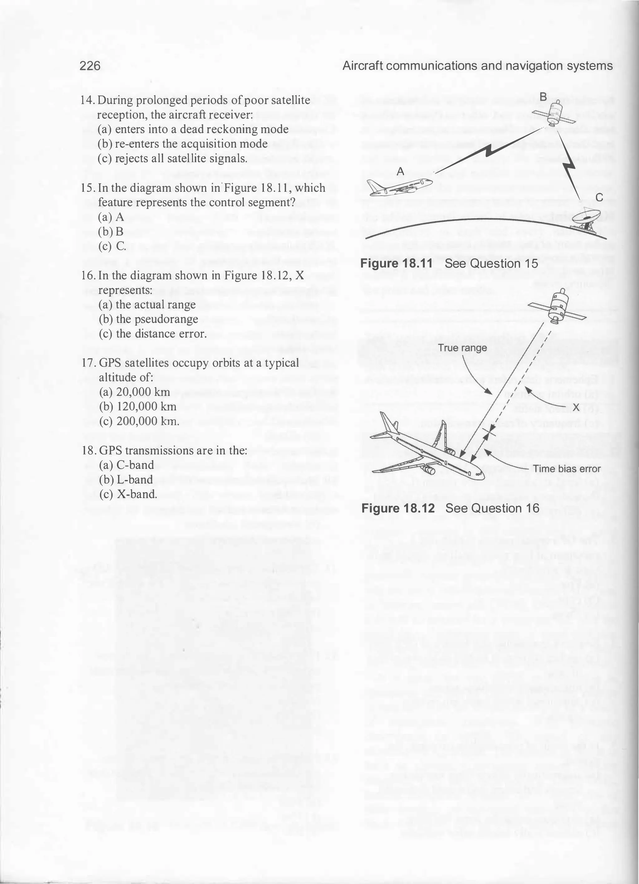 226
14. During prolonged periods ofpoor satellite
reception, the aircraft receiver:
(a) enters into a dead reckoning mode
(b) re-enters the acquisition mode
(c) rejects all satellite signals.
15. In the diagram shown in Figure 1 8. 1 1 , which
feature represents the control segment?
(a) A
(b) B
(c) C.
16. In the diagram shown in Figure 18. 12, X
represents:
(a) the actual range
(b) the pseudorange
(c) the distance error.
17. GPS satellites occupy orbits at a typical
altitude of:
(a) 20,000 krn
(b) 120,000 krn
(c) 200,000 krn.
18. GPS transmissions are in the:
(a) C-band
(b) L-band
(c) X-band.
Aircraft communications and navigation systems
8
�
A ·� 
�
Figure 1 8.1 1 See Question 1 5
Figure 1 8.12 See Question 1 6
c
 