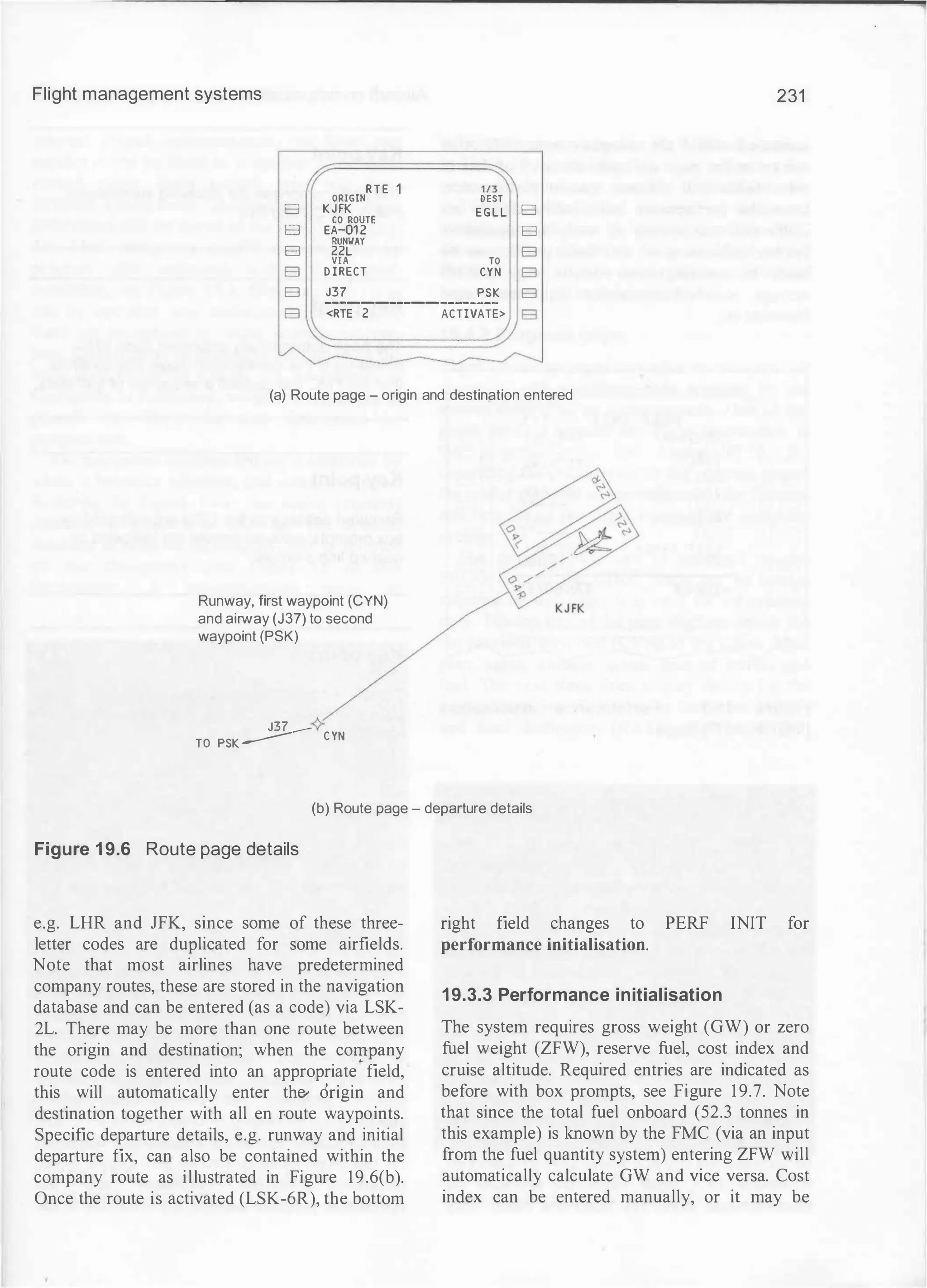 Flight management systems 231
R T E 1 1/3
ORIGIN DEST
E3 KJFK E G L L E3
CO ROUTE
E3 EA-01 2 E3
RUNWAY
El 22L E3
VIA TO
El D IRECT CYN E3
E3 J37 PSK E3
------------------------
El <RTE 2 ACTIVATE> E3
(a) Route page - origin and destination entered
Runway, first waypoint (CYN)
and airway (J37) to second
waypoint (PSK)
J37 :<r
T0 PSK
___;::-:---- C YN
(b) Route page - departure details
Figure 1 9.6 Route page details
e.g. LHR and JFK, since some of these three­
letter codes are duplicated for some airfields.
Note that most airlines have predetermined
company routes, these are stored in the navigation
database and can be entered (as a code) via LSK-
2L. There may be more than one route between
the origin and destination; when the company
route code is entered into an appropriate
·
field,
this will automatically enter the- origin and
destination together with all en r-oute waypoints.
Specific departure details, e.g. runway and initial
departure fix, can also be contained within the
company route as illustrated in Figure 19.6(b).
Once the route is activated (LSK-6R), the bottom
right field changes to PERF INIT for
performance initialisation.
19.3.3 Performance initialisation
The system requires gross weight (GW) or zero
fuel weight (ZFW), reserve fuel, cost index and
cruise altitude. Required entries are indicated as
before with box prompts, see Figure 19.7. Note
that since the total fuel onboard (52.3 tonnes in
this example) is known by the FMC (via an input
from the fuel quantity system) entering ZFW will
automatically calculate GW and vice versa. Cost
index can be entered manually, or it may be
 