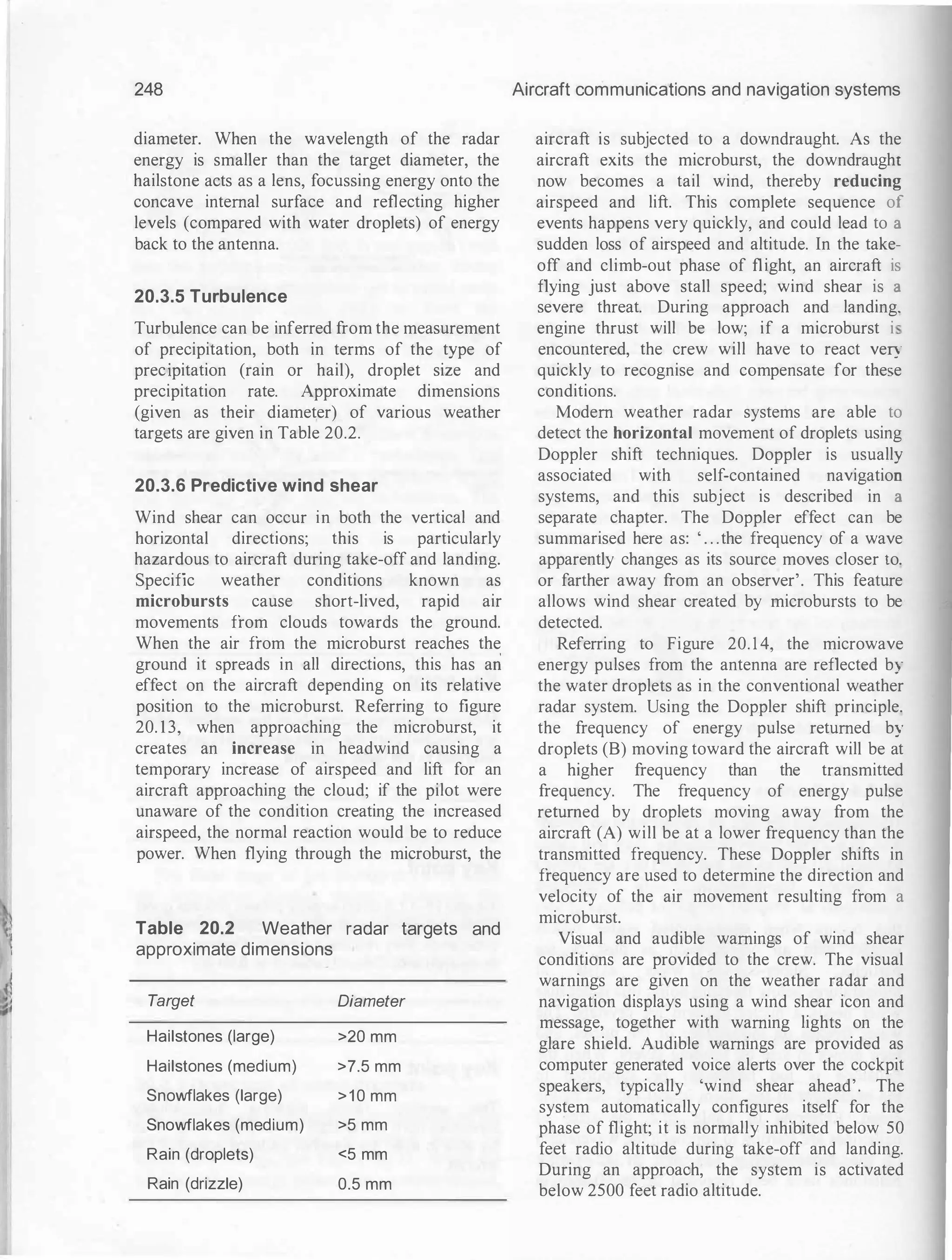 j
�
248
diameter. When the wavelength of the radar
energy is smaller than the target diameter, the
hailstone acts as a lens, focussing energy onto the
concave internal surface and reflecting higher
levels (compared with water droplets) of energy
back to the antenna.
20.3.5 Turbulence
Turbulence can be inferred from the measurement
of precipitation, both in terms of the type of
precipitation (rain or hail), droplet size and
precipitation rate. Approximate dimensions
(given as their diameter) of various weather
targets are given in Table 20.2.
20.3.6 Predictive wind shear
Wind shear can occur in both the vertical and
horizontal directions; this is particularly
hazardous to aircraft during take-off and landing.
Specific weather conditions known as
microbursts cause short-lived, rapid air
movements from clouds towards the ground.
When the air from the microburst reaches the
ground it spreads in all directions, this has an
effect on the aircraft depending on its relative
position to the microburst. Referring to figure
20. 13, when approaching the microburst, it
creates an increase in headwind causing a
temporary increase of airspeed and lift for an
aircraft approaching the cloud; if the pilot were
unaware of the condition creating the increased
airspeed, the normal reaction would be to reduce
power. When flying through the microburst, the
Table 20.2 Weather radar targets and
approximate dimensions
Target Diameter
Hailstones (large) >20 mm
Hailstones (medium) >7.5 mm
Snowflakes (large) >10 mm
Snowflakes (medium) >5 mm
Rain (droplets) <5 mm
Rain (drizzle) 0.5 mm
Aircraft communications and navigation systems
aircraft is subjected to a downdraught. As the
aircraft exits the microburst, the downdraughr
now becomes a tail wind, thereby reducing
airspeed and lift. This complete sequence o;
events happens very quickly, and could lead to a
sudden loss of airspeed and altitude. In the take­
off and climb-out phase of flight, an aircraft is
flying just above stall speed; wind shear is a
severe threat. During approach and landing.
engine thrust will be low; if a microburst i
encountered, the crew will have to react very
quickly to recognise and compensate for these
conditions.
Modern weather radar systems are able to
detect the horizontal movement of droplets using
Doppler shift techniques. Doppler is usually
associated with self-contained navigation
systems, and this subject is described in a
separate chapter. The Doppler effect can be
summarised here as: ' . . .the frequency of a wave
apparently changes as its source moves closer to.
or farther away from an observer'. This feature
allows wind shear created by microbursts to be
detected.
Referring to Figure 20. 1 4, the microwave
energy pulses from the antenna are reflected by
the water droplets as in the conventional weather
radar system. Using the Doppler shift principle.
the frequency of energy pulse returned by
droplets (B) moving toward the aircraft will be at
a higher frequency than the transmitted
frequency. The frequency of energy pulse
returned by droplets moving away from the
aircraft (A) will be at a lower frequency than the
transmitted frequency. These Doppler shifts in
frequency are used to determine the direction and
velocity of the air movement resulting from a
microburst.
Visual and audible warnings of wind shear
conditions are provided to the crew. The visual
warnings are given on the weather radar and
navigation displays using a wind shear icon and
message, together with warning lights on the
glare shield. Audible warnings are provided as
computer generated voice alerts over the cockpit
speakers, typically 'wind shear ahead'. The
system automatically configures itself for the
phase of flight; it is normally inhibited below 50
feet radio altitude during take-off and landing.
During an approach, the system is activated
below 2500 feet radio altitude.
 