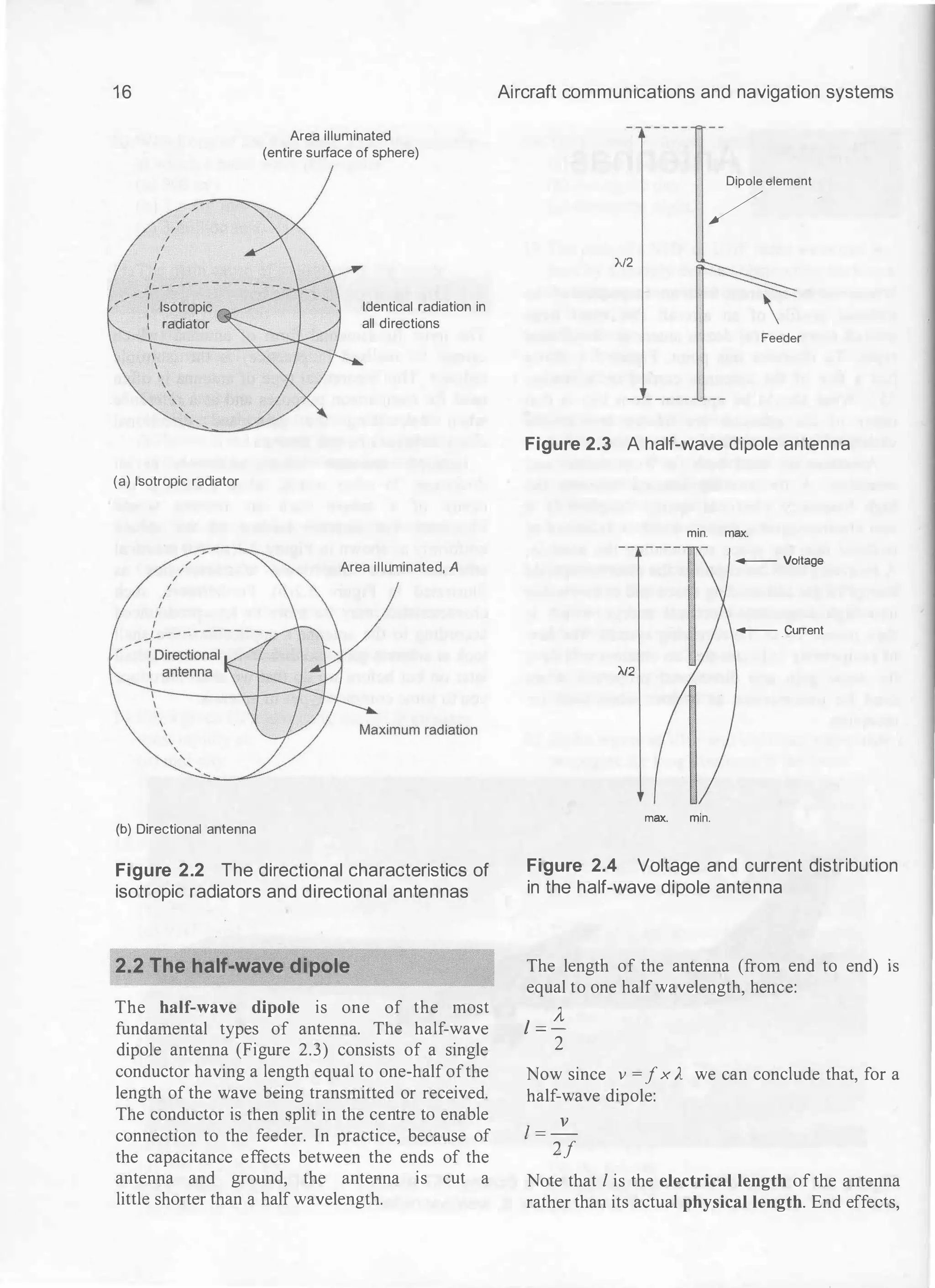 16
I
I
I
I
I
I
/
/
/
Area illuminated
(entire surface of sphere)
,-�--------------
/
1 Isotropic
: radiator
(a) Isotropic radiator
(b) Directional antenna
Identical radiation in
all directions
Area illuminated, A
Figure 2.2 The directional characteristics of
isotropic radiators and directional antennas
2.2 The half-wave dipole
The half-wave dipole is one of the most
fundamental types of antenna. The half-wave
dipole antenna (Figure 2.3) consists of a single
conductor having a length equal to one-half ofthe
length of the wave being transmitted or received.
The conductor is then split in the centre to enable
connection to the feeder. In practice, because of
the capacitance effects between the ends of the
antenna and ground, the antenna is cut a
little shorter than a half wavelength.
Aircraft communications and navigation systems
Dipole element
/
/../2
Feeder
Figure 2.3 A half-wave dipole antenna
'A/2
min.
max. min.
max.
- voltage
- .current
Figure 2.4 Voltage and current distribution
in the half-wave dipole antenna
The length of the ante�a (from end to end) IS
equal to one halfwavelength, hence:
I =
).,
2
Now since v = fx A. we can conclude that, for a
half-wave dipole:
l = _}!___
2f
Note that l is the electrical length of the antenna
rather than its actual physical length. End effects,
 
