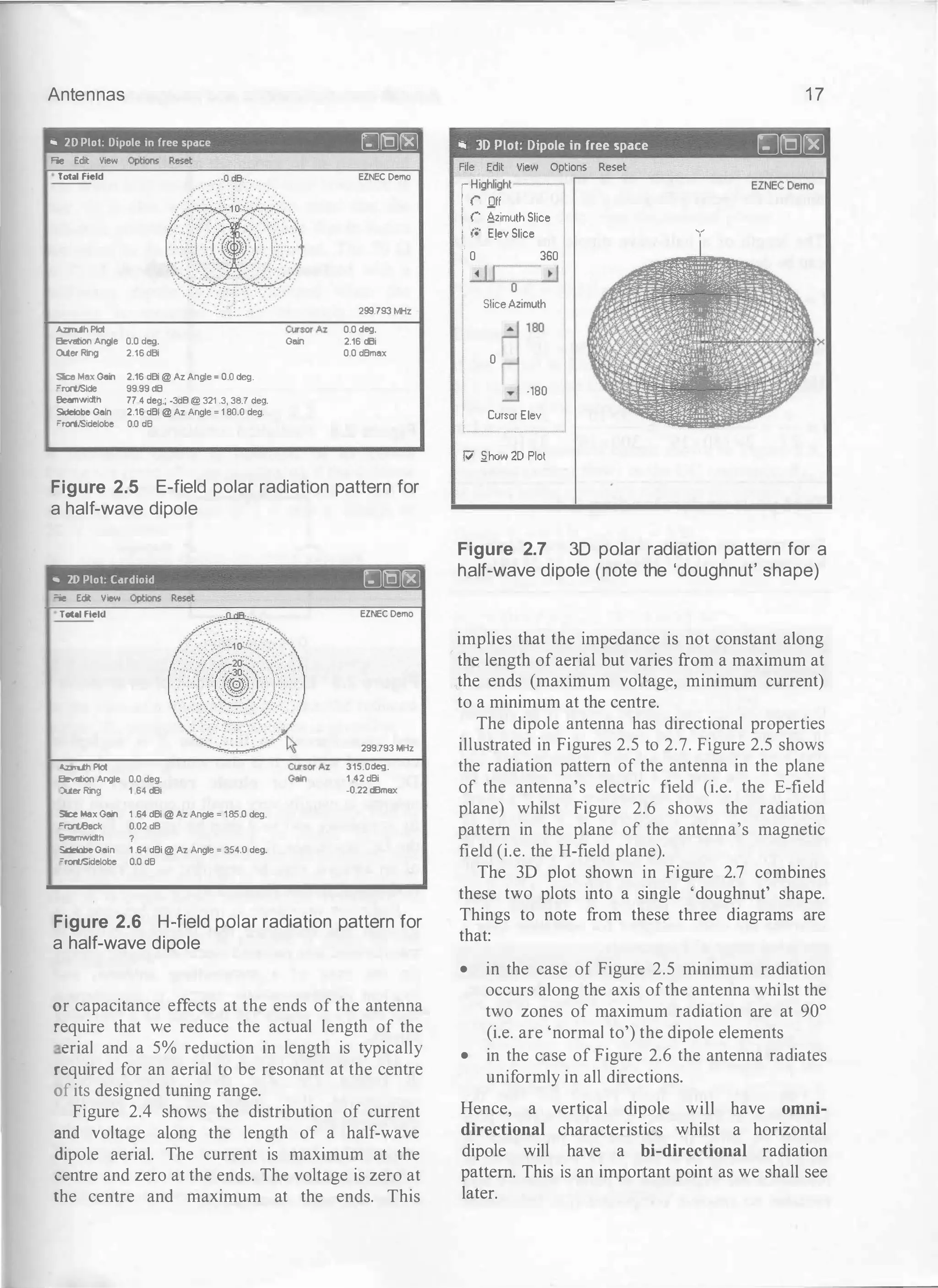 Antennas
,. 20 Plol: Orpole in free space
�LQJL8J
� Edit V
&ew
Total Field
.......-.Ah Piol
3eve!IOO Angle 0.0 deg. Goin
Olier Rng 2.16 dBI
Slce Max Goin 2.16 dEll @ Az Angle = 0.0 deg.
�-. 99.99 d8
Beomwidth 77 4 deg.; -3d8 @ 321 .3, 38.7 deg.
Stdelobo Goln 2.16 dBI @ Az Angle = 1 80.0 deg.
�tOrtJSidelobe o.o dB
EZNEC Demo
299.793 111Hz
0.0 deg.
2.16 cfli
0.0 dBmax
Figure 2.5 E-field polar radiation pattern for
a half-wave dipole
,. 20 Plot. Cardioid r;;]LQJL8J
=.e Edit View
Total Aeld
o.=mih Piol
3e'<SXln Angle 0.0 deg.
Juer Ring 1 64 dBi
Slce Max Goin 1 .64 dEll @ Az Angle = 185.0 deg.
�.m.eocl< 0.02 d8
Seomwldlh ?
ScelobeGoln 1 .64 dBi @ Az Angle = 354.0 deg.
='O!'tJSidelobo 0.0 dB
EZNEC Demo
299.793 111Hz
315.0deg.
1 42 dBi
-022 d8max
Figure 2.6 H-field polar radiation pattern for
a half-wave dipole
or capacitance effects at the ends of the antenna
::equire that we reduce the actual length of the
erial and a 5% reduction in length is typically
:equired for an aerial to be resonant at the centre
of its designed tuning range.
Figure 2.4 shows the distribution of current
and voltage along the length of a half-wave
dipole aerial. The current is maximum at the
;::entre and zero at the ends. The voltage is zero at
:he centre and maximum at the ends. This
1 7
Iii 3D Plot: Dipole in free space c;J(g]�
File Edit View Options Reset
rHighlight-- .--
-
-
-
-
-
-
-
-
-=
E
=
z
N
""
E
""'
C
.,.
Oe
_
m
_
o
--1
(' Off
(' 8zimuth Slice
(o' E]ev Slice Y
,,·0 360
_ill_-..cl
0
SliceAzimuth
1 180
0
J ·180
II Cursor Elev
l___ - -
P' _2how 2D Plot
Figure 2.7 30 polar radiation pattern for a
half-wave dipole (note the 'doughnut' shape)
implies that the impedance is not constant along
the length ofaerial but varies from a maximum at
the ends (maximum voltage, minimum current)
to a minimum at the centre.
The dipole antenna has directional properties
illustrated in Figures 2.5 to 2.7. Figure 2.5 shows
the radiation pattern of the antenna in the plane
of the antenna's electric field (i.e. the E-field
plane) whilst Figure 2.6 shows the radiation
pattern in the plane of the antenna's magnetic
field (i.e. the H-field plane).
The 3D plot shown in Figure 2.7 combines
these two plots into a single 'doughnut' shape.
Things to note from these three diagrams are
that:
• in the case of Figure 2.5 minimum radiation
occurs along the axis ofthe antenna whi1st the
two zones of maximum radiation are at 90°
(i.e. are 'normal to') the dipole elements
• in the case of Figure 2.6 the antenna radiates
uniformly in all directions.
Hence, a vertical dipole will have omni­
directional characteristics whilst a horizontal
dipole will have a bi-directional radiation
pattern. This is an important point as we shall see
later.
 
